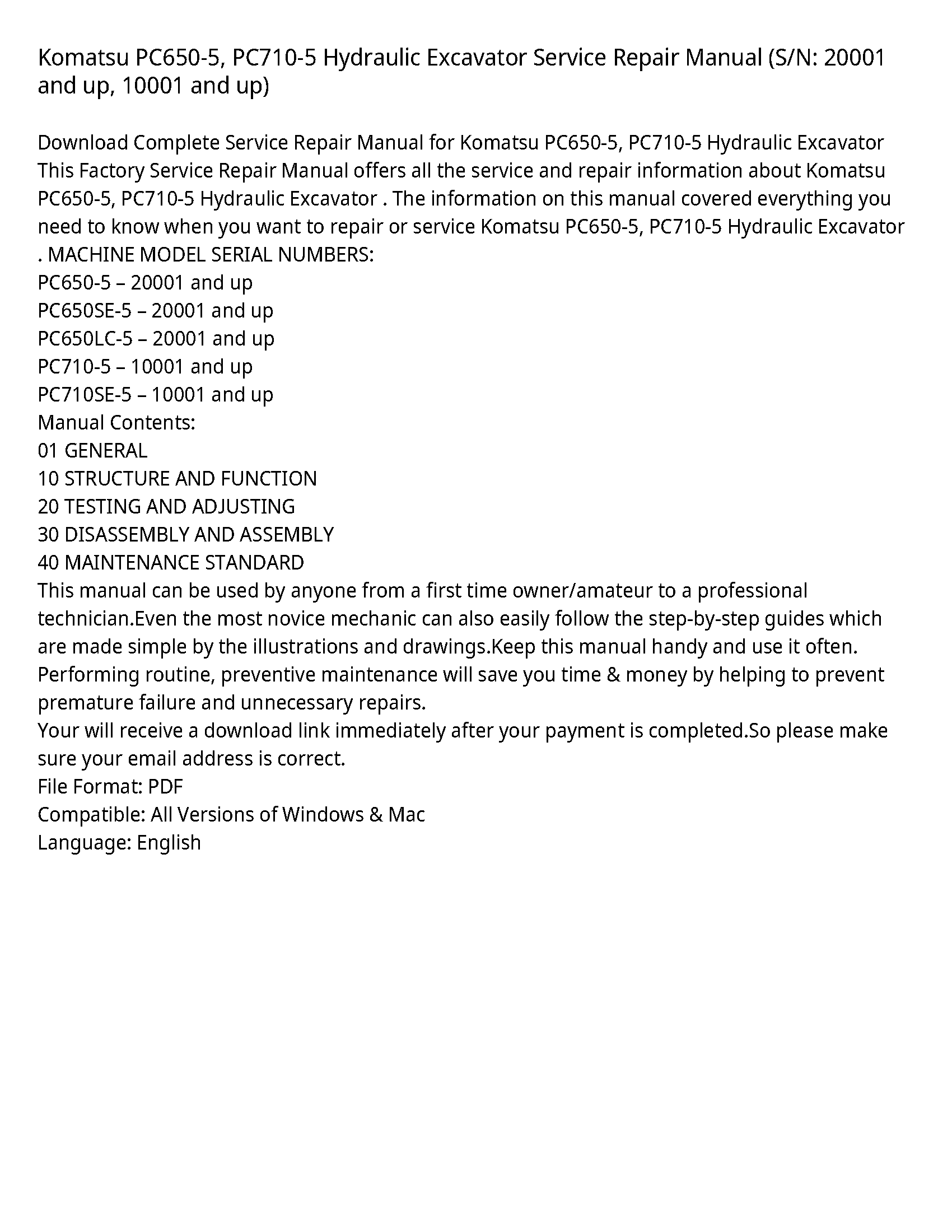 Komatsu PC650-5  PC710-5 Hydraulic Excavator Service Repair Manual (S/N: 20001 and up  10001 and up)