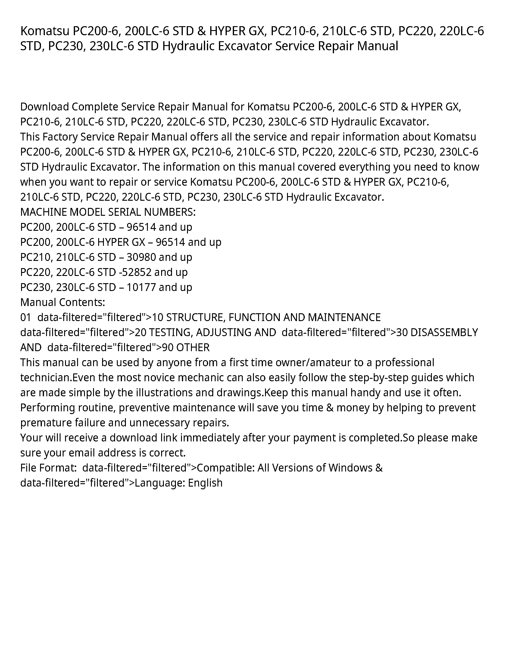 Komatsu PC200-6  200LC-6 STD & HYPER GX  PC210-6  210LC-6 STD  PC220  220LC-6 STD  PC230  230LC-6 STD Hydraulic Excavator Service Repair Manual