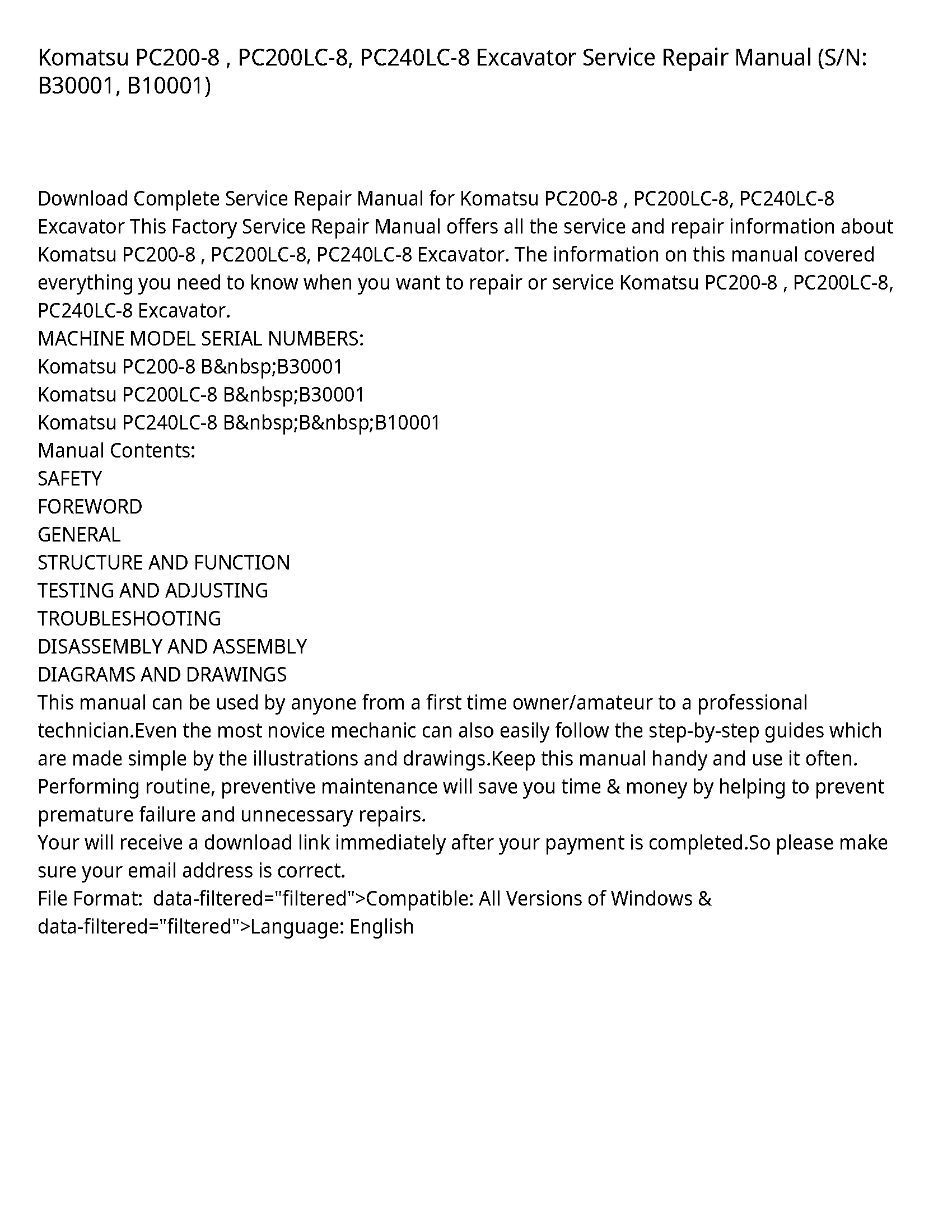 Komatsu PC200-8   PC200LC-8  PC240LC-8 Excavator Service Repair Manual (S/N: B30001  B10001)