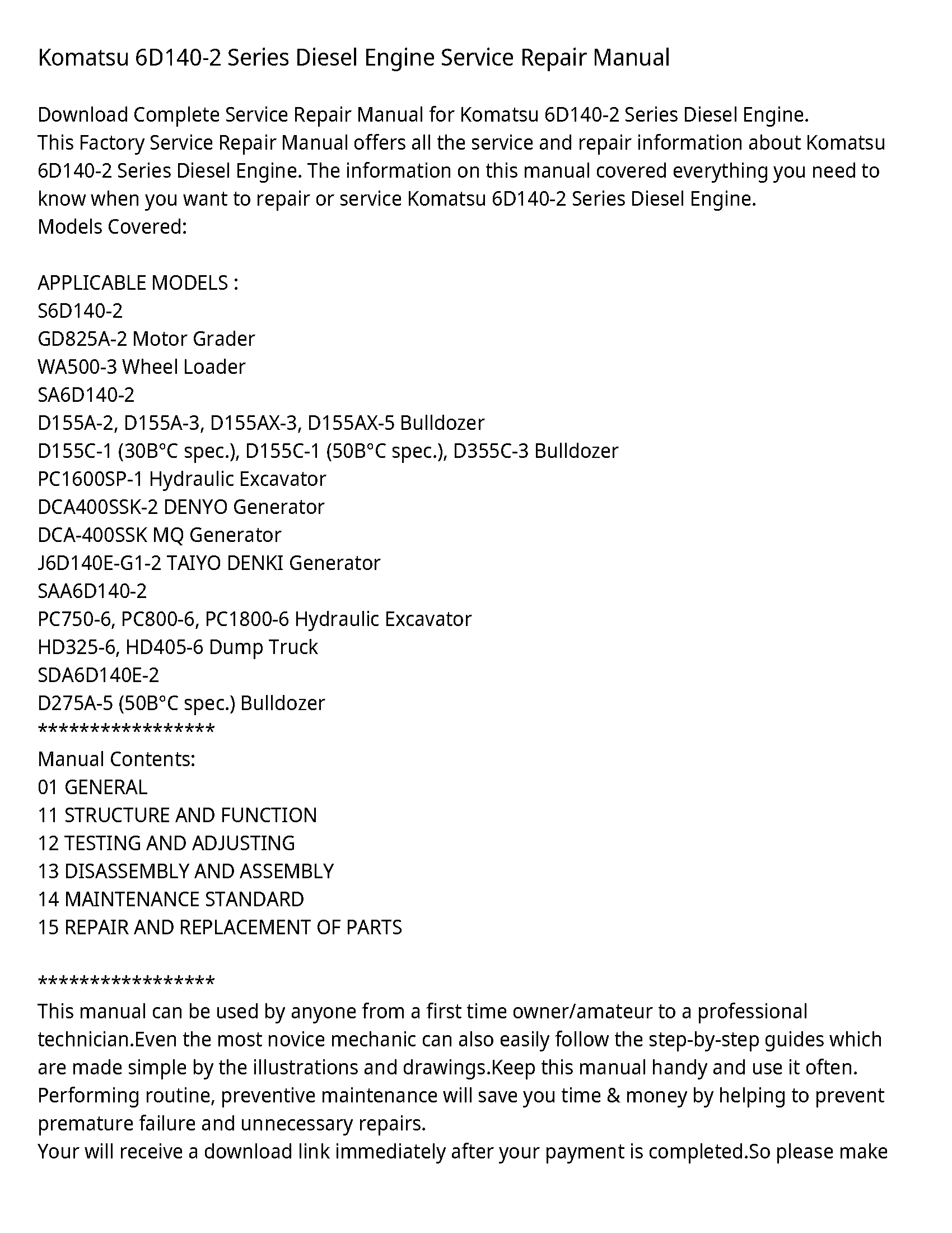 Komatsu 6D140-2 Series Diesel Engine Service Repair Manual