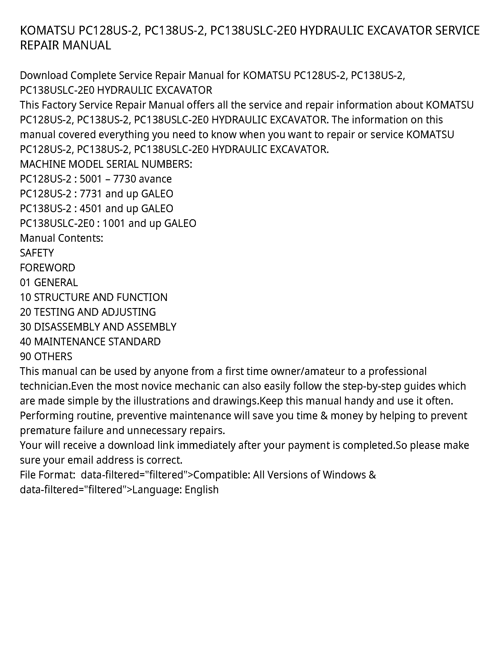 KOMATSU PC128US-2  PC138US-2  PC138USLC-2E0 HYDRAULIC EXCAVATOR SERVICE REPAIR MANUAL