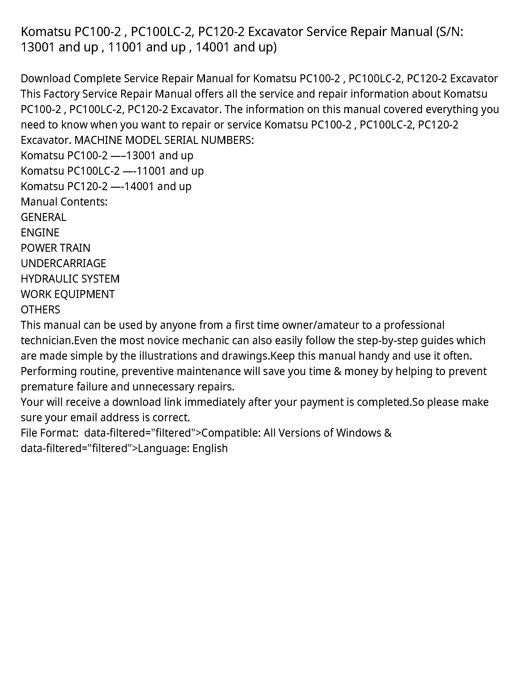 Komatsu PC100-2   PC100LC-2  PC120-2 Excavator Service Repair Manual (S/N: 13001 and up   11001 and up   14001 and up)