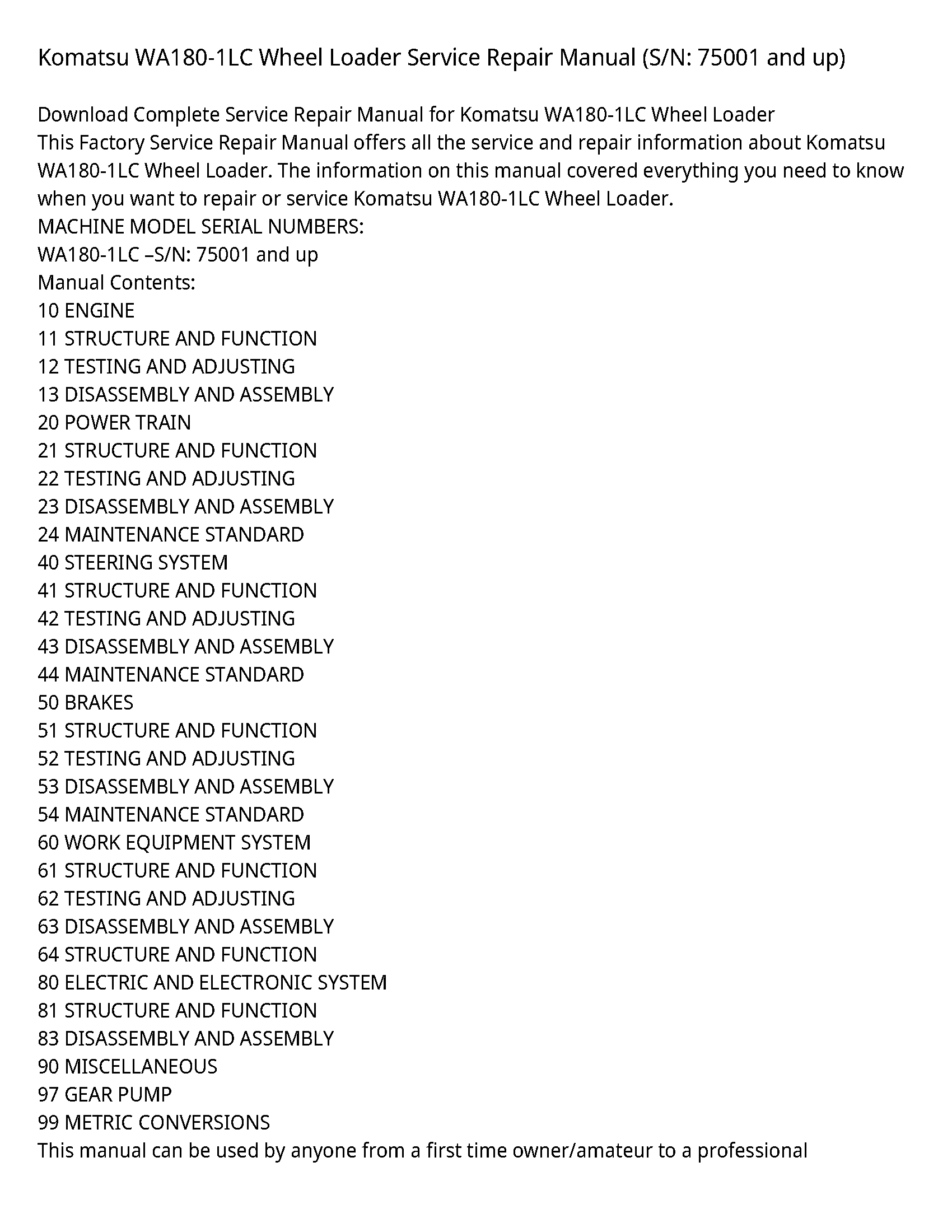 Komatsu WA180-1LC Wheel Loader Service Repair Manual (S/N: 75001 and up)