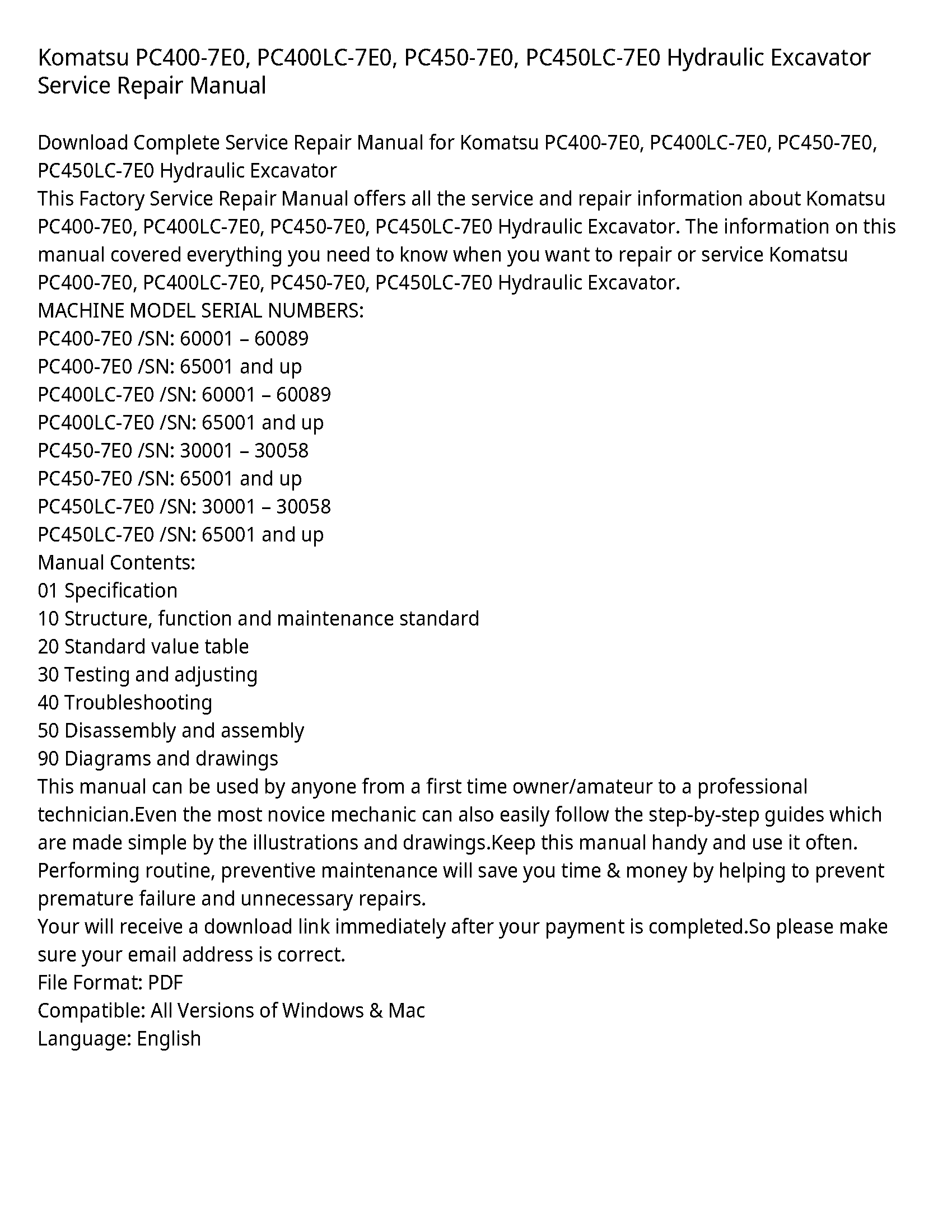 Komatsu PC400-7E0  PC400LC-7E0  PC450-7E0  PC450LC-7E0 Hydraulic Excavator Service Repair Manual