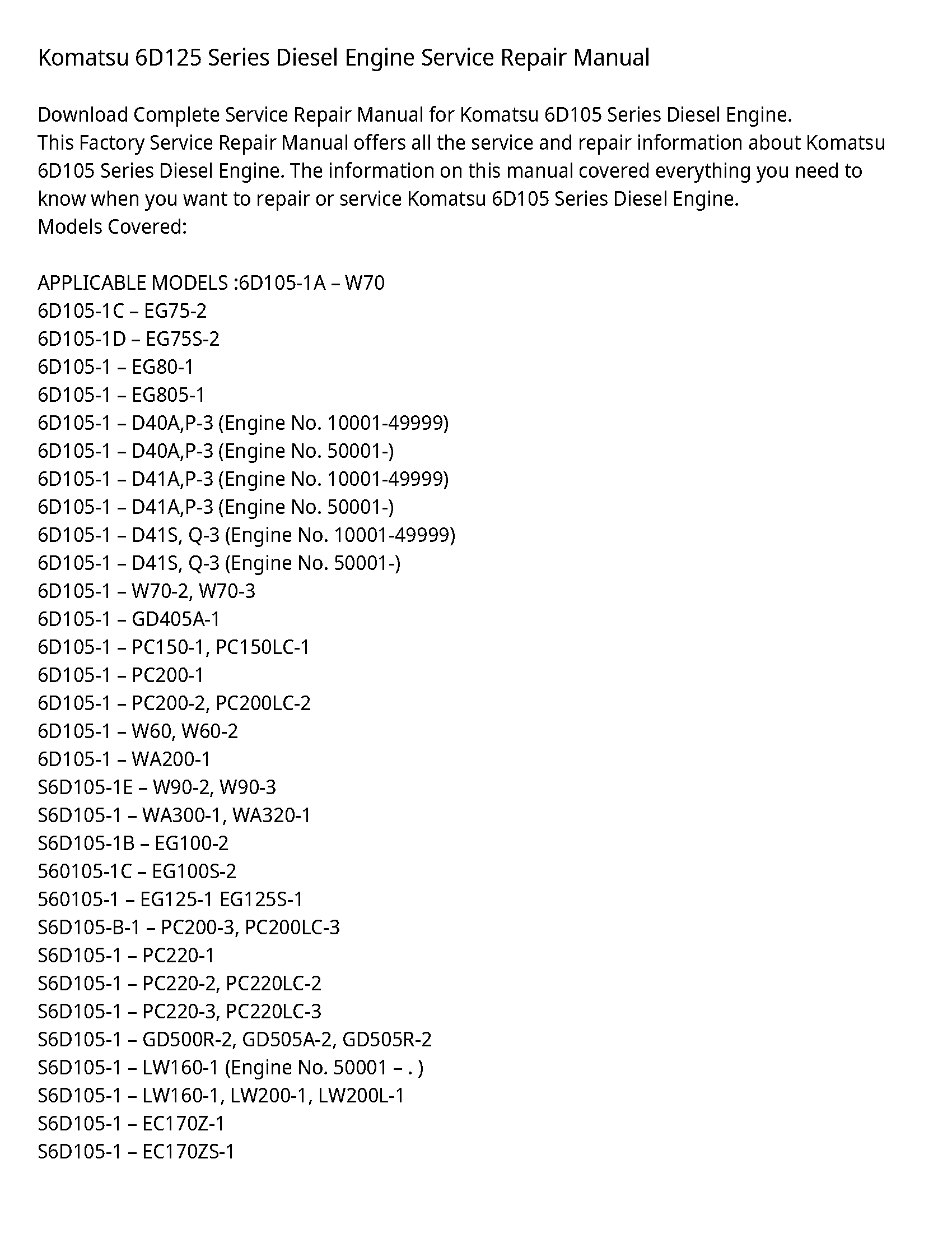 Komatsu 6D125 Series Diesel Engine Service Repair Manual