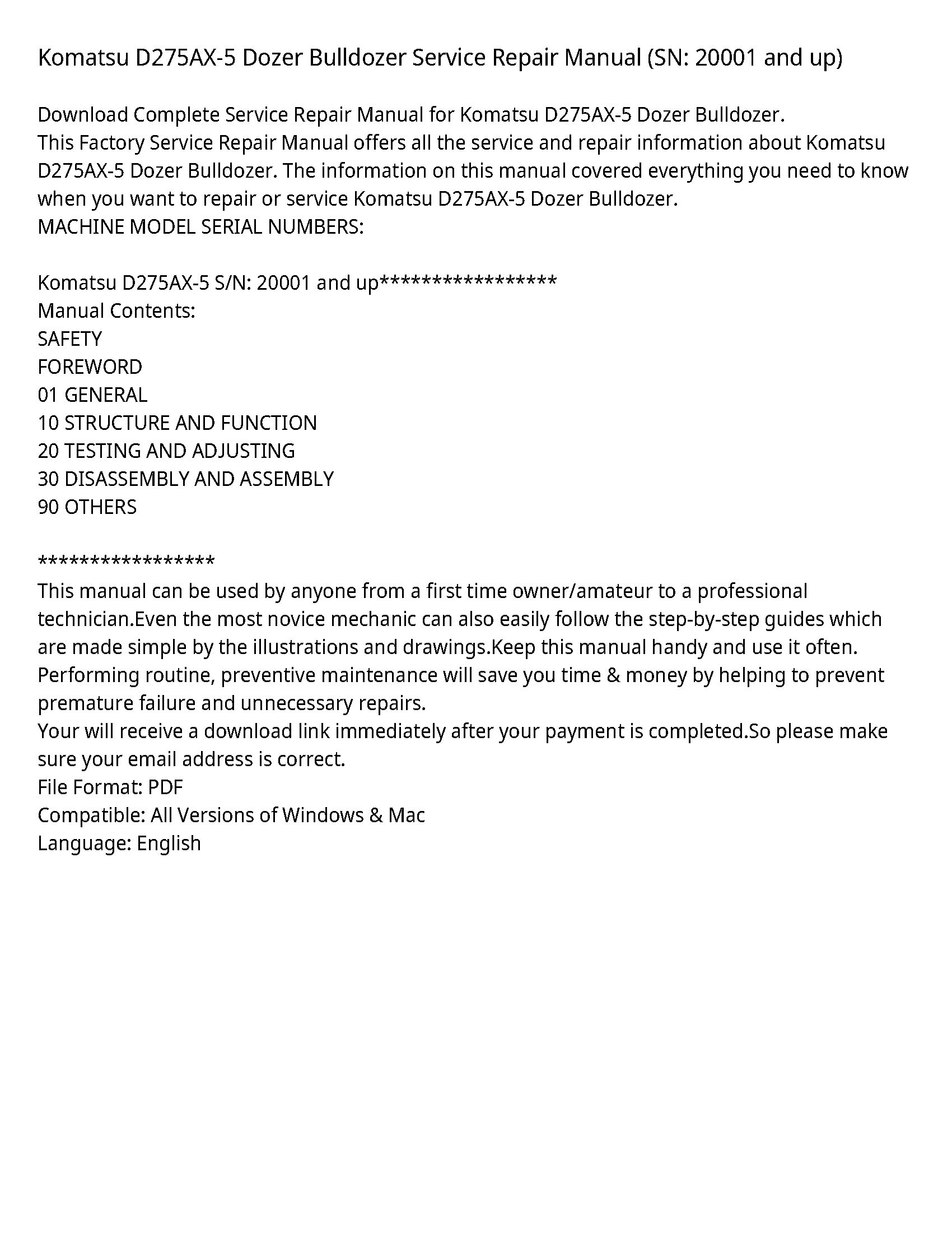 Komatsu D275AX-5 Dozer Bulldozer Service Repair Manual (SN: 20001 and up)