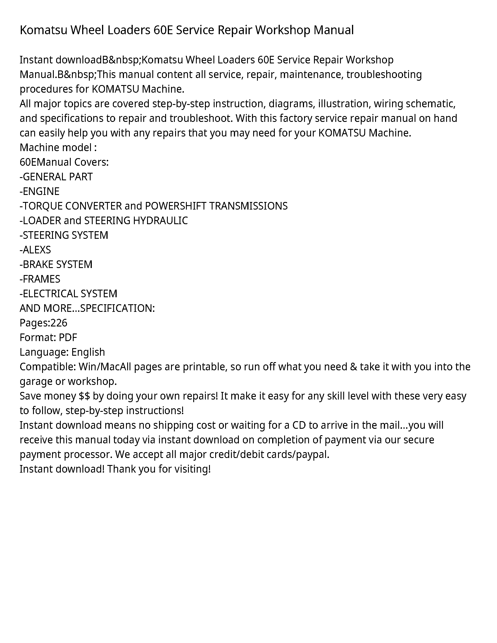 Komatsu Wheel Loaders 60E Service Repair Workshop Manual