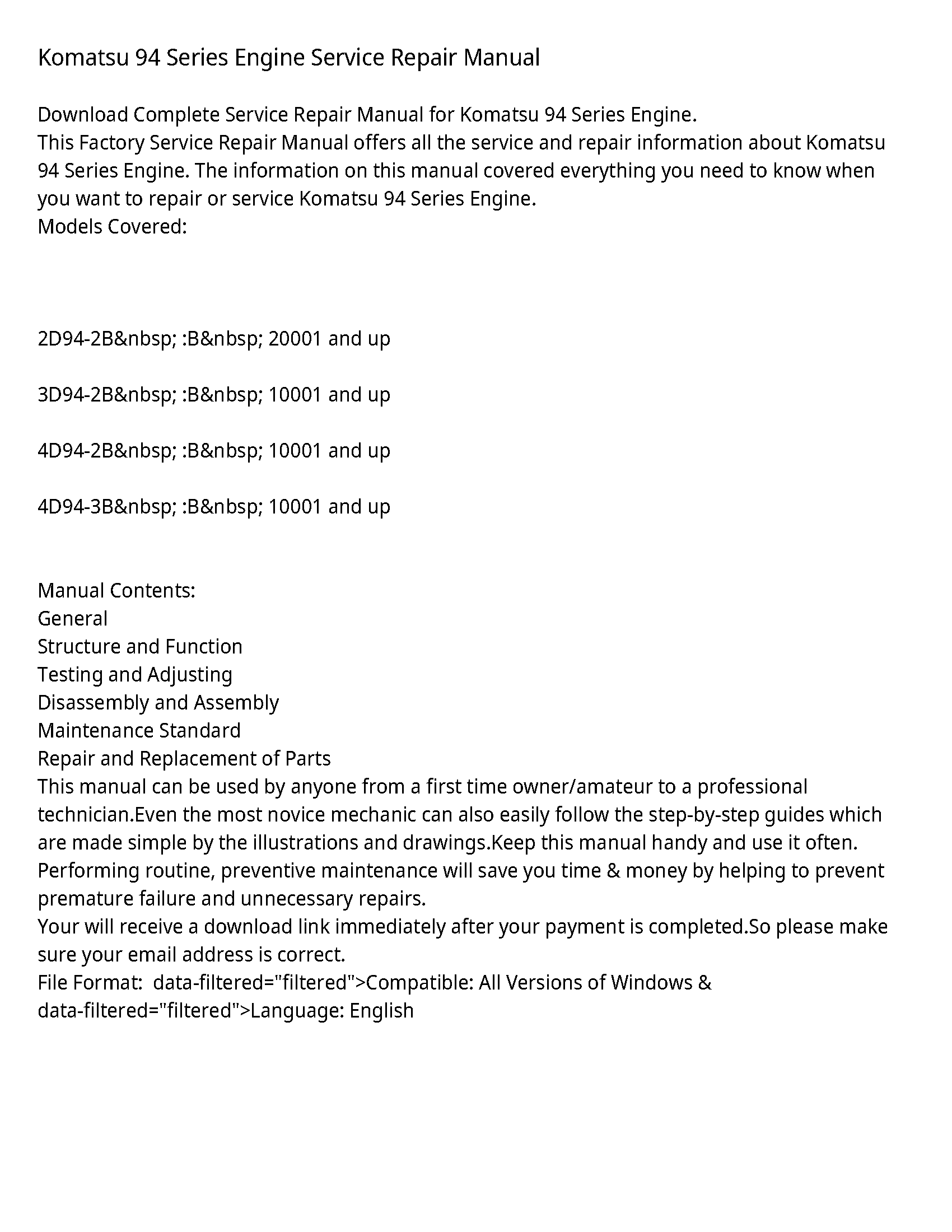 Komatsu 94 Series Engine Service Repair Manual