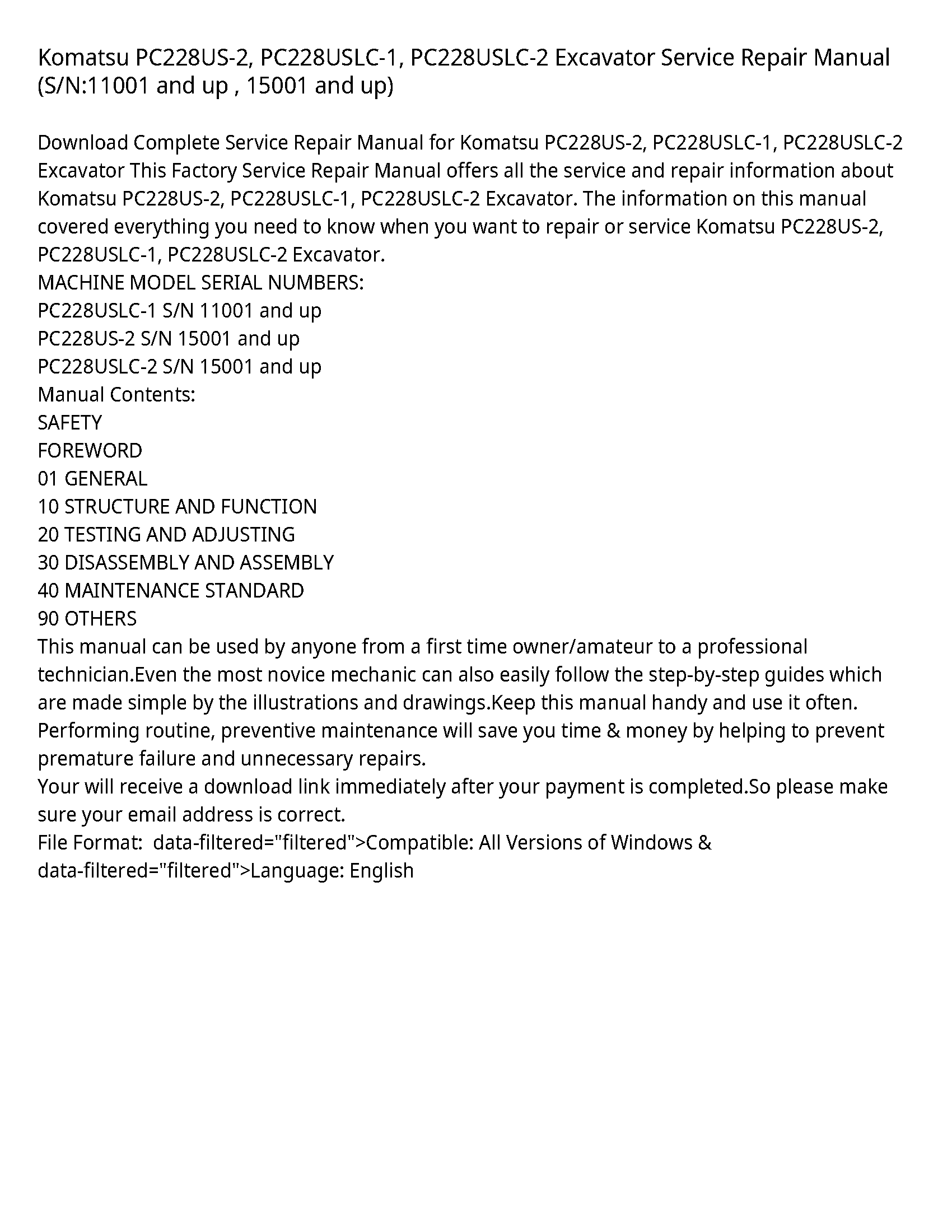 Komatsu PC228US-2  PC228USLC-1  PC228USLC-2 Excavator Service Repair Manual (S/N:11001 and up   15001 and up)