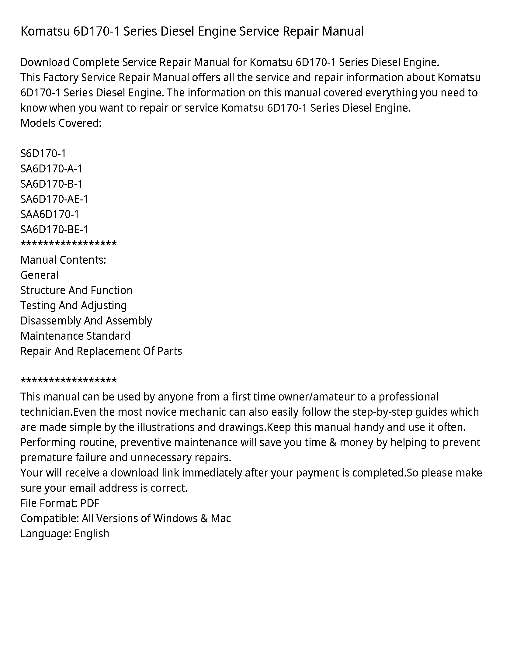 Komatsu 6D170-1 Series Diesel Engine Service Repair Manual