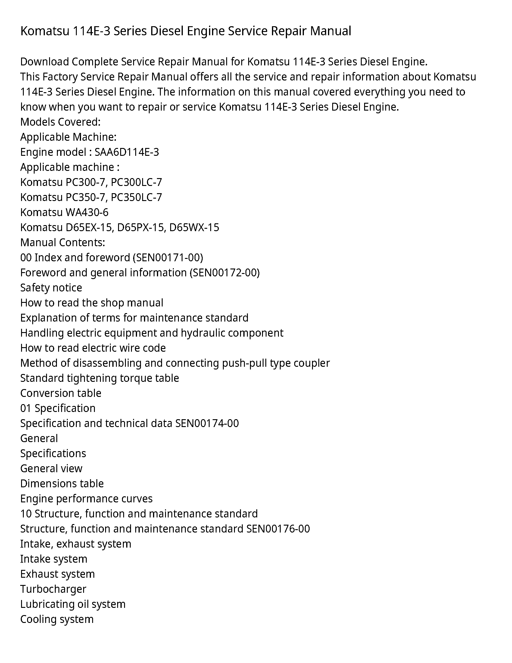 Komatsu 114E-3 Series Diesel Engine Service Repair Manual