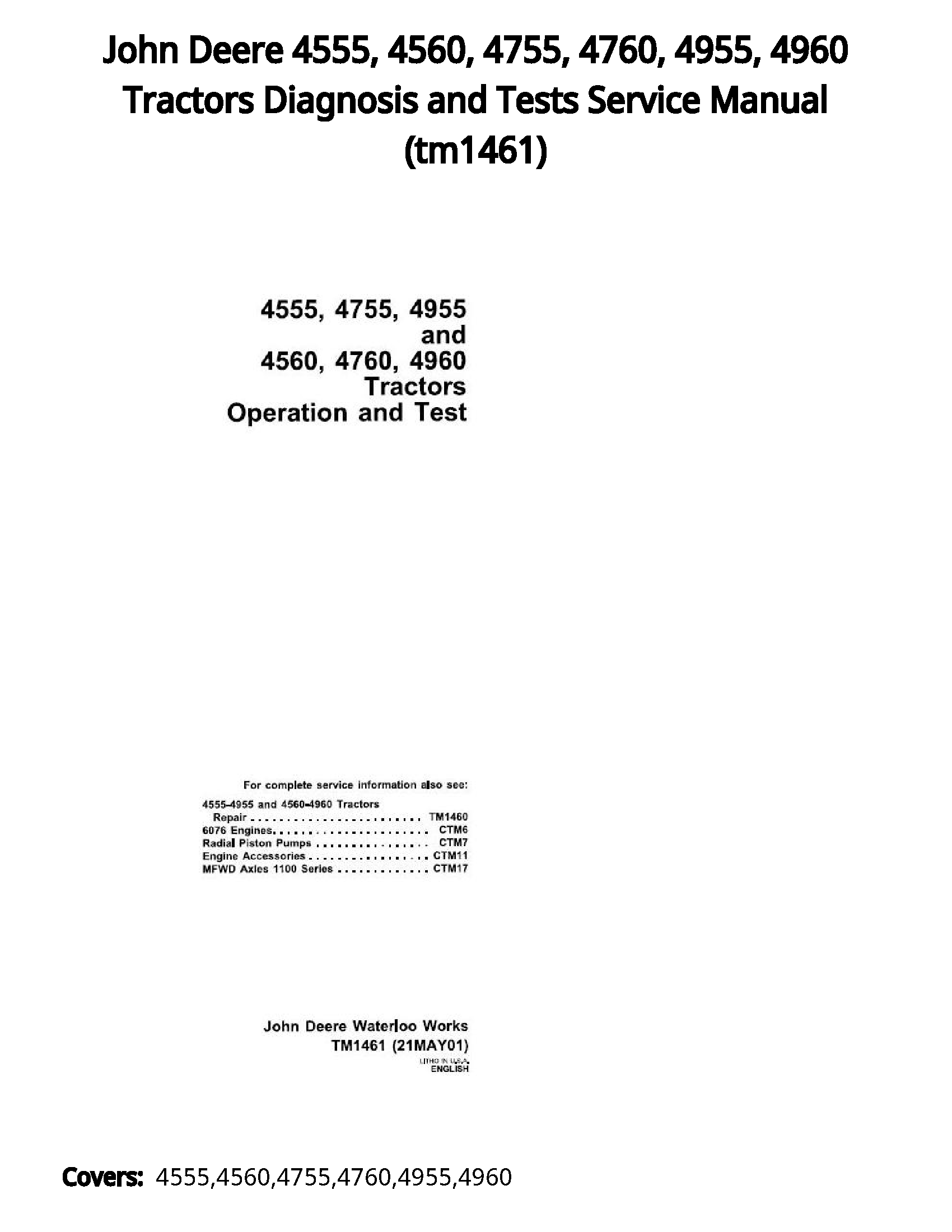 John Deere 4555  4560  4755  4760  4955  4960 Tractors Diagnosis and Tests Service Manual - tm1461