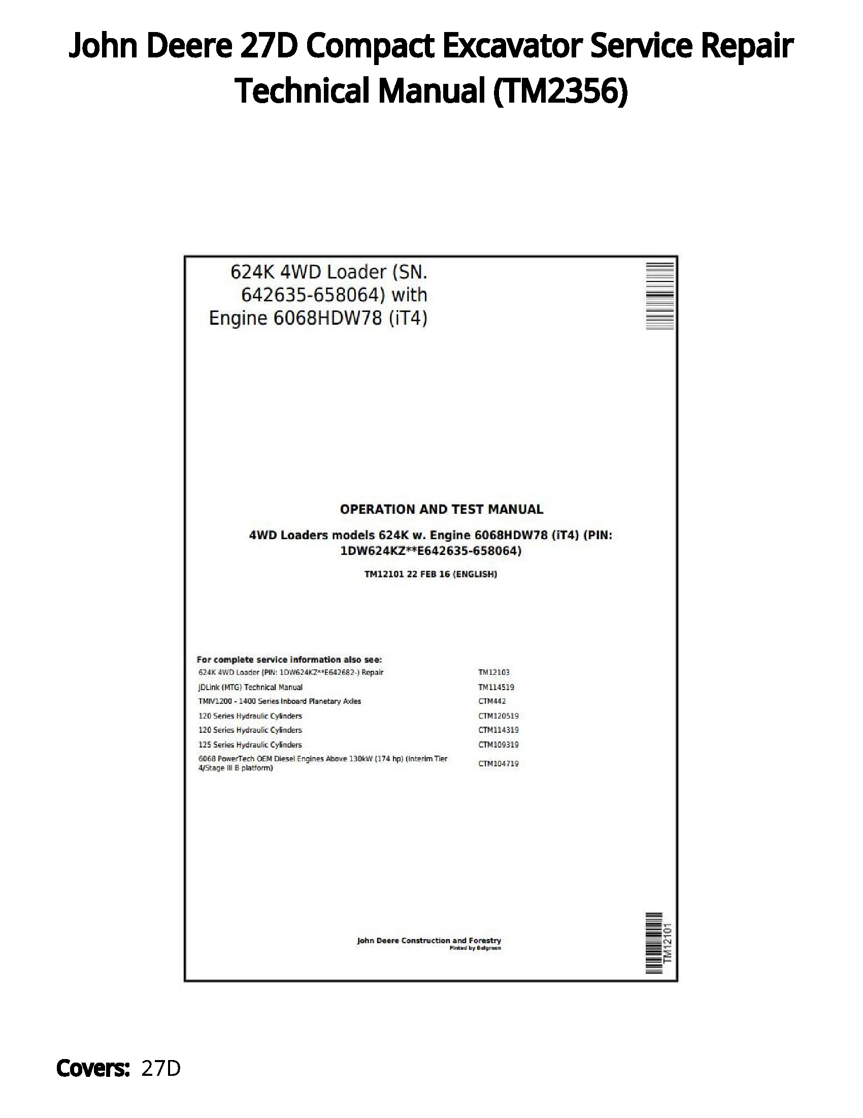 John Deere 27D Compact Excavator Service Repair Technical Manual - TM2356