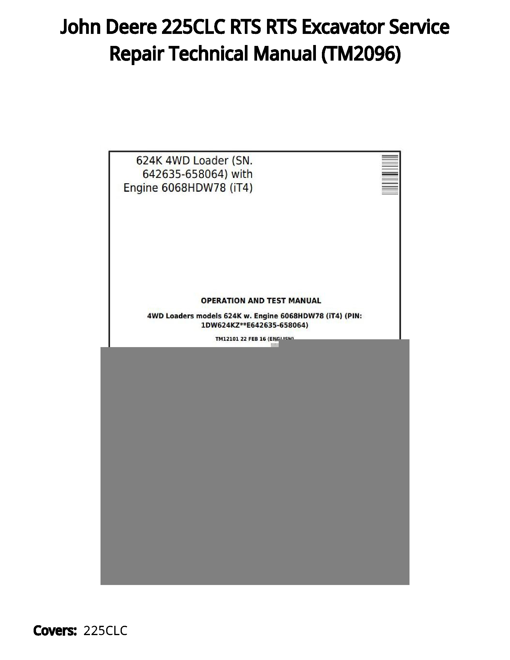 John Deere 225CLC RTS RTS Excavator Service Repair Technical Manual - TM2096