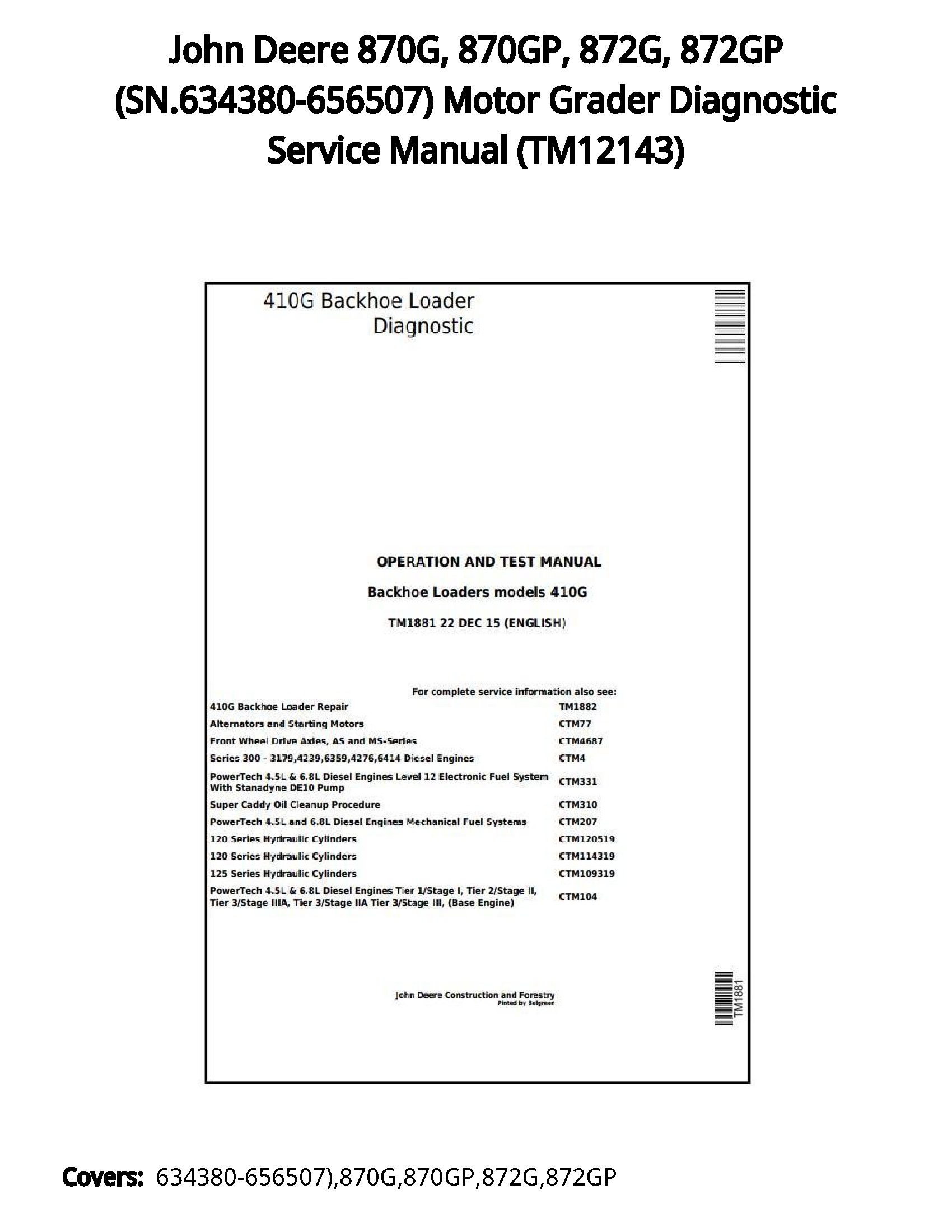 John Deere 870G  870GP  872G  872GP (SN.634380-656507) Motor Grader Diagnostic Service Manual - TM12143