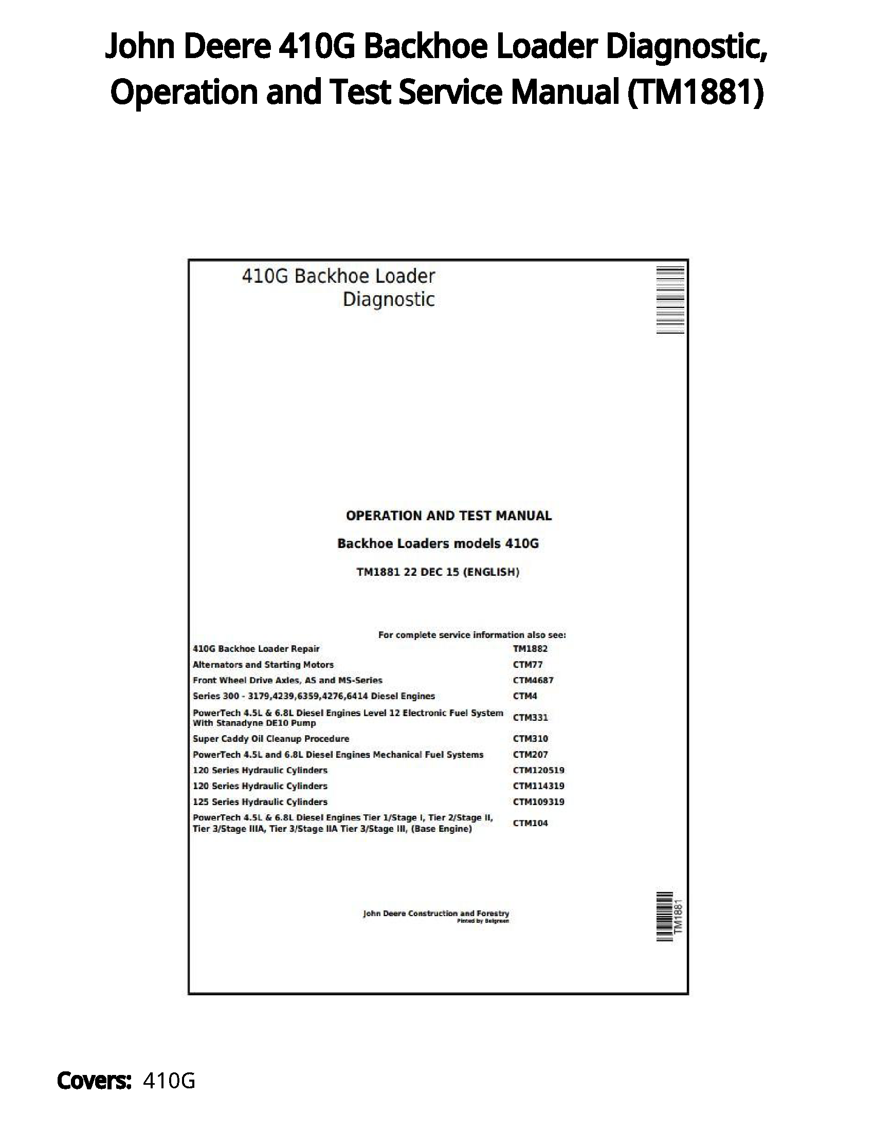 John Deere 410G Backhoe Loader Diagnostic  Operation and Test Service Manual - TM1881