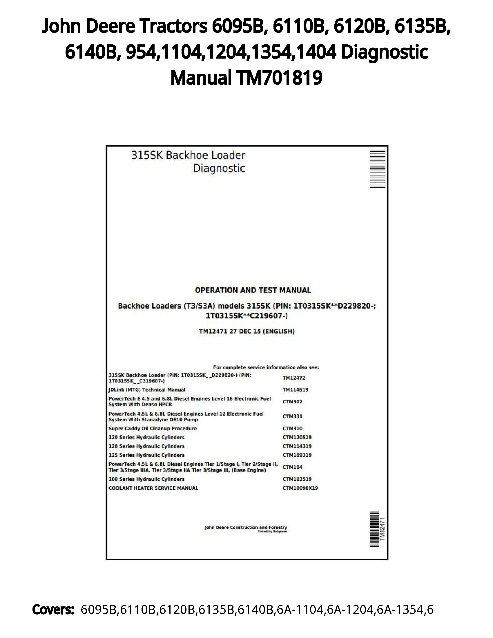 John Deere Tractors 6095B  6110B  6120B  6135B  6140B  954 1104 1204 1354 1404 Diagnostic Manual TM701819