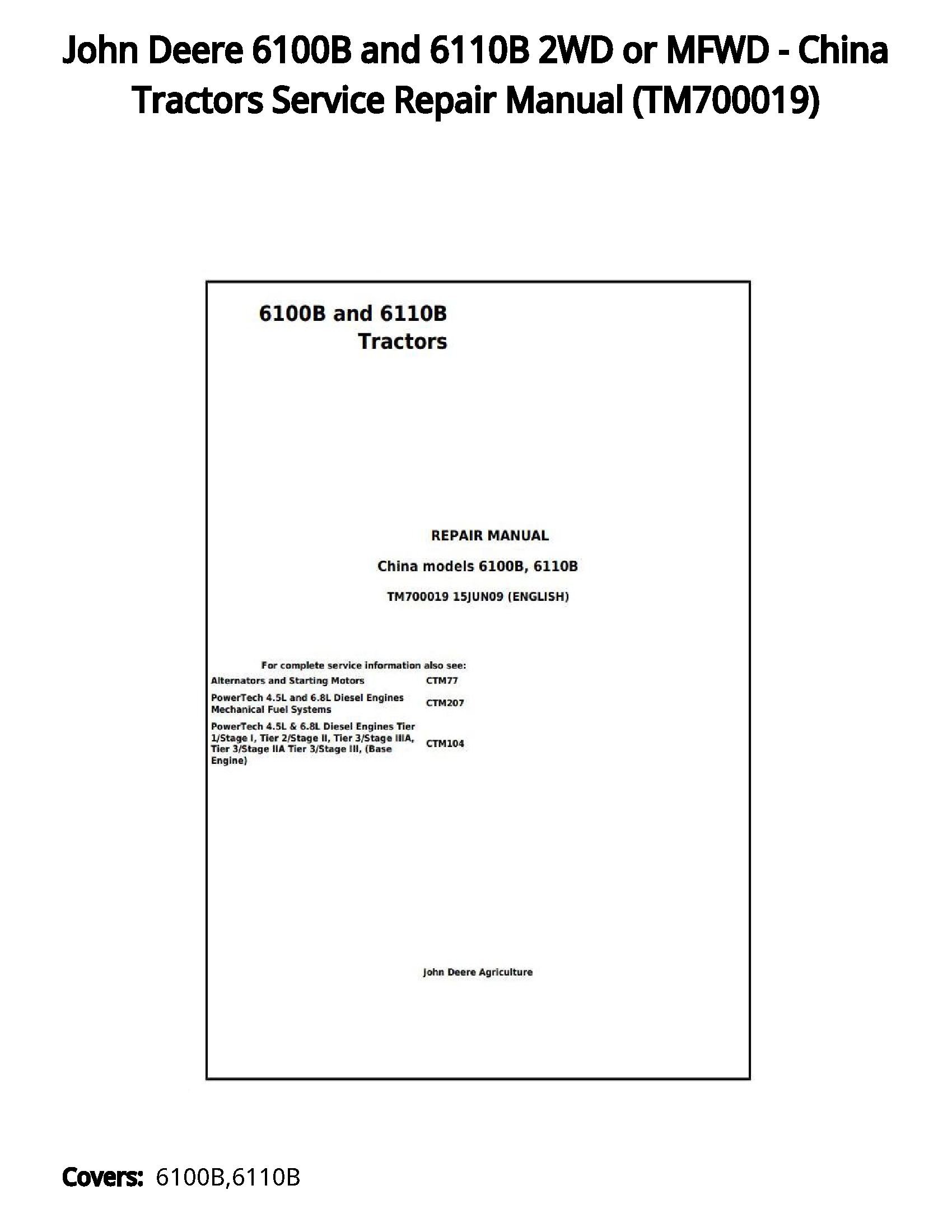 John Deere 6100B and 6110B 2WD or MFWD - China Tractors Service Repair Manual - TM700019