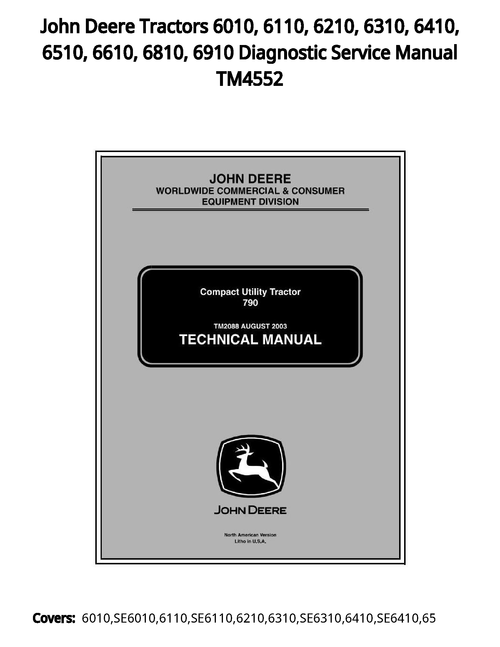 John Deere Tractors 6010  6110  6210  6310  6410  6510  6610  6810  6910 Diagnostic Service Manual TM4552