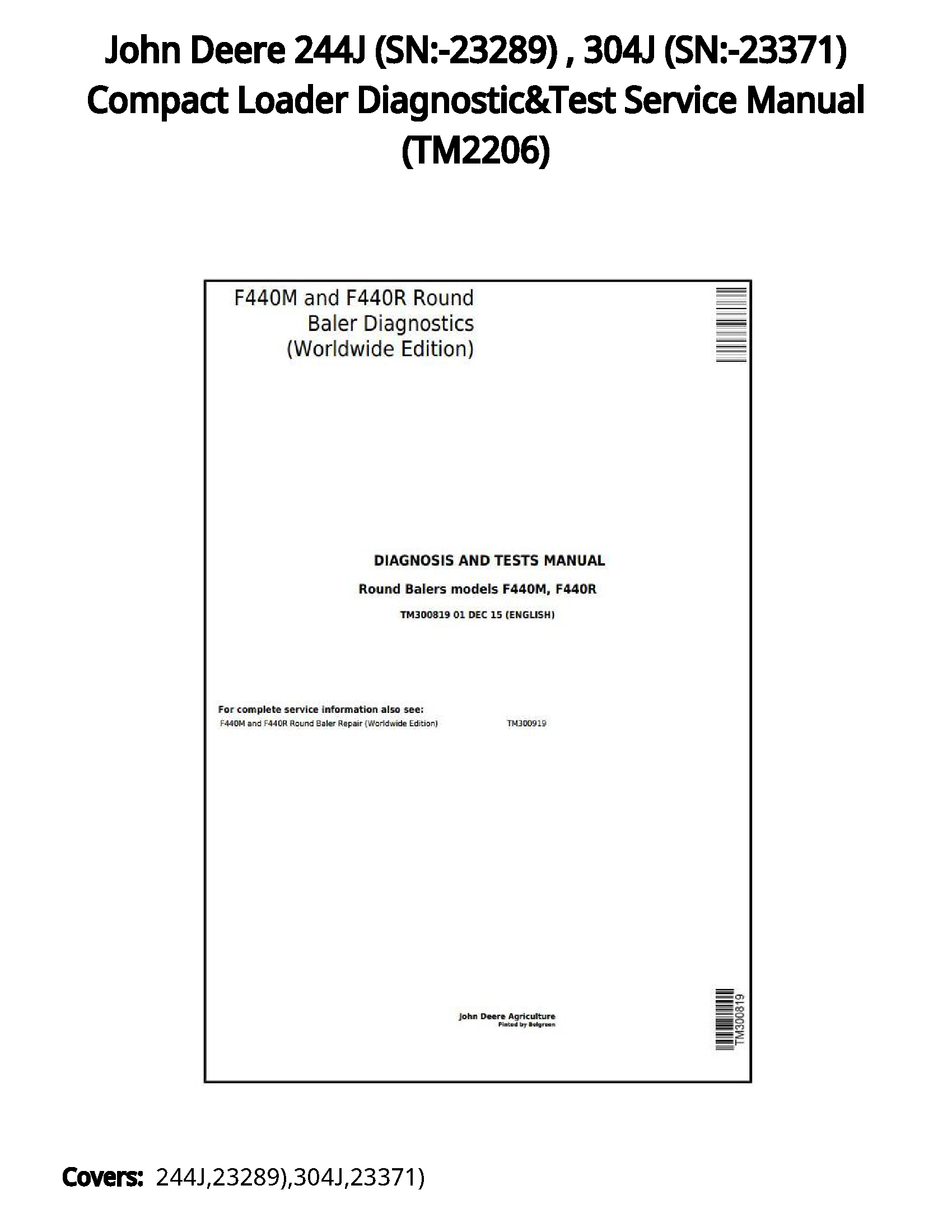 John Deere 244J (SN:-23289)   304J (SN:-23371) Compact Loader Diagnostic&Test Service Manual - TM2206