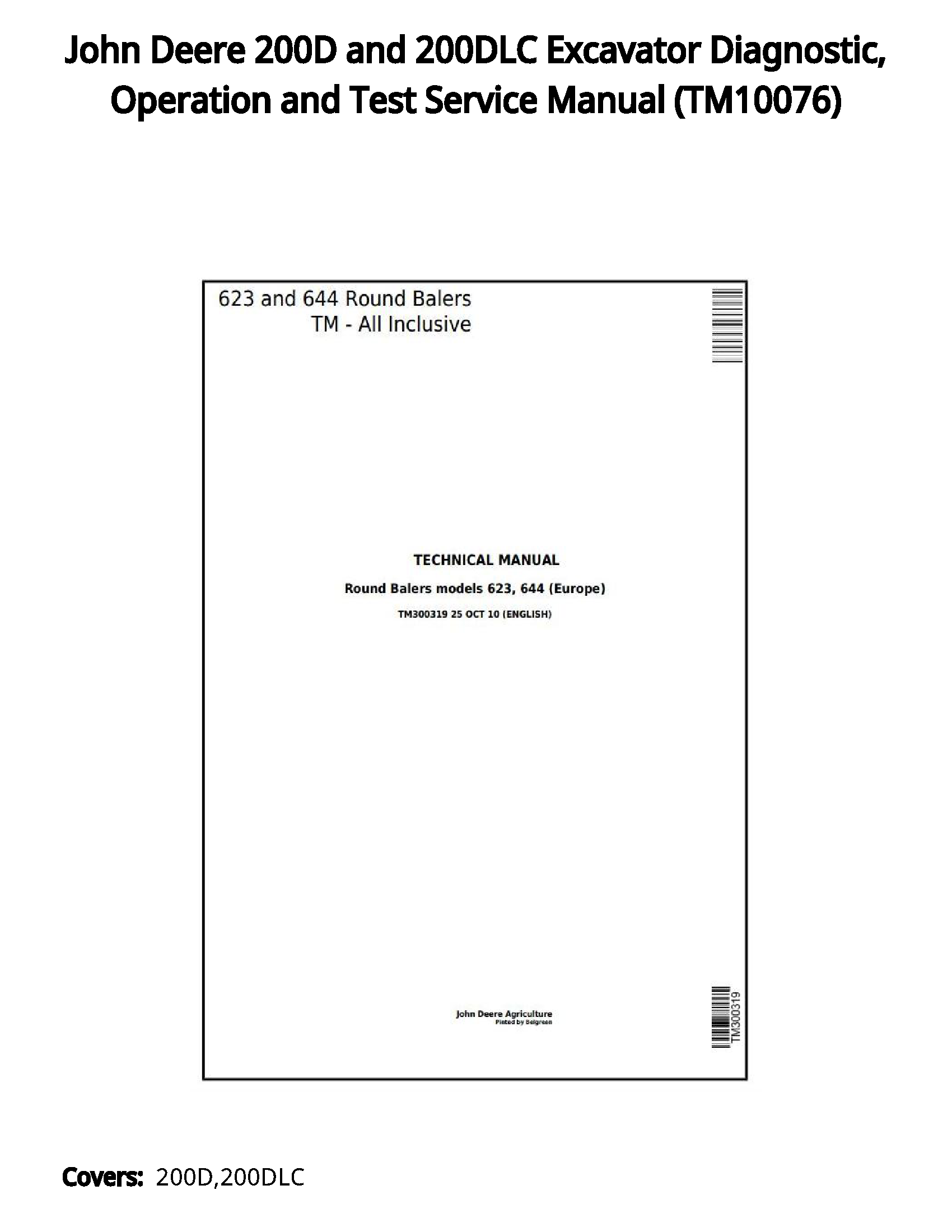 John Deere 200D and 200DLC Excavator Diagnostic  Operation and Test Service Manual - TM10076