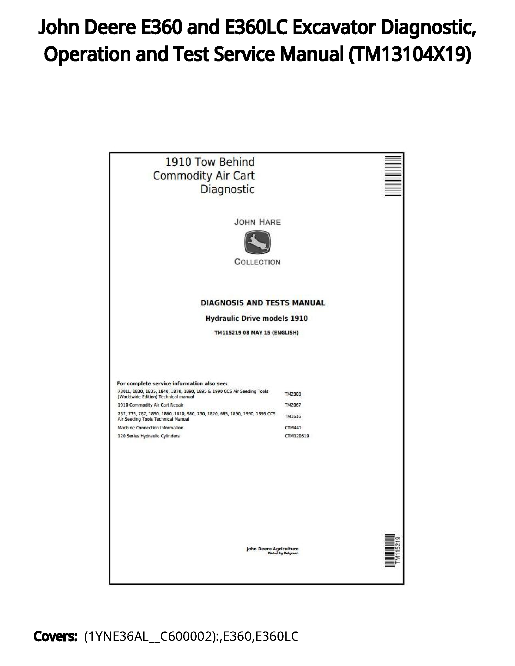 John Deere E360 and E360LC Excavator Diagnostic  Operation and Test Service Manual - TM13104X19