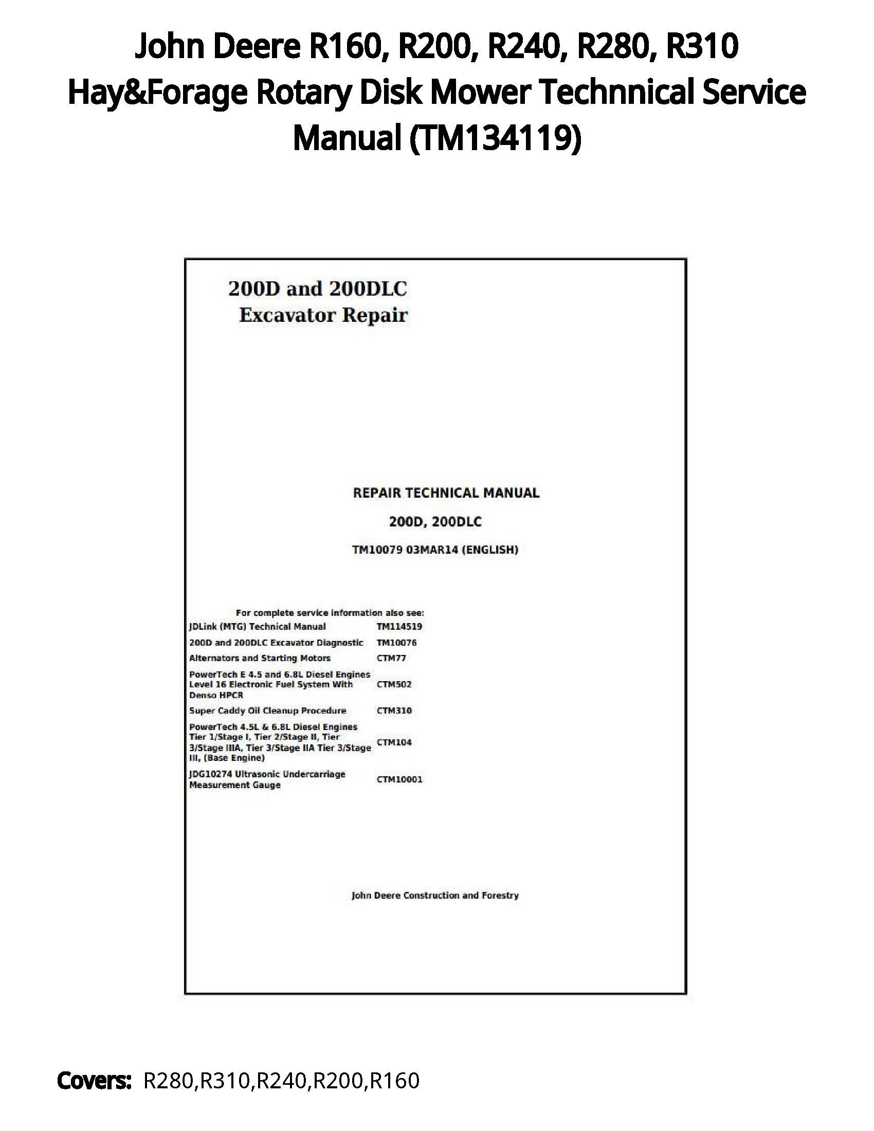 John Deere R160  R200  R240  R280  R310 Hay&Forage Rotary Disk Mower Technnical Service Manual - TM134119