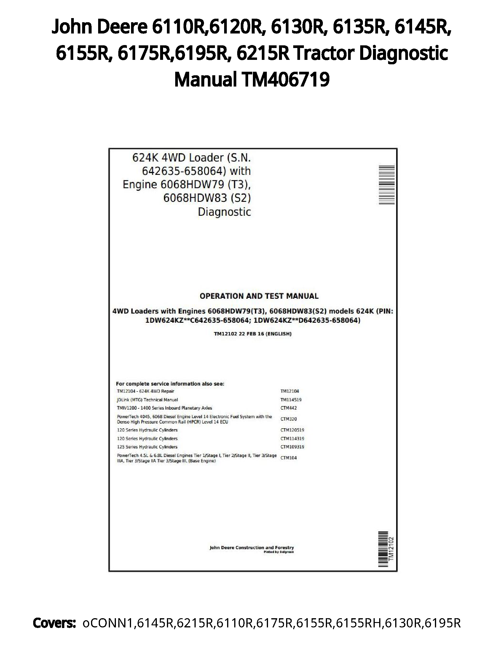 John Deere 6110R 6120R  6130R  6135R  6145R  6155R  6175R 6195R  6215R Tractor Diagnostic Manual TM406719