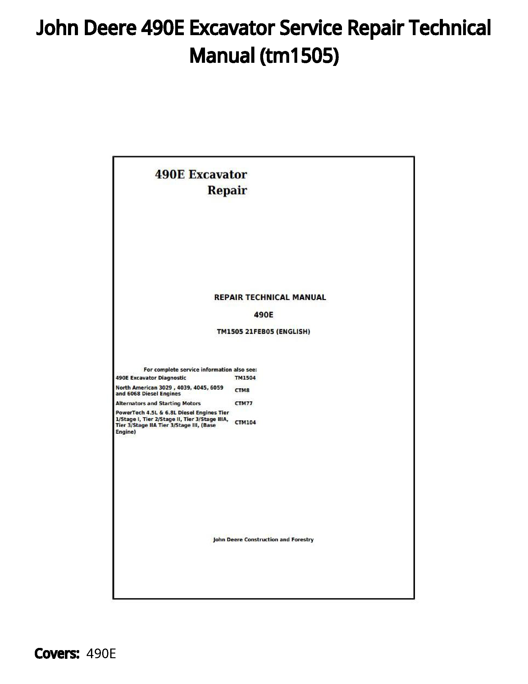 John Deere 490E Excavator Service Repair Technical Manual - tm1505