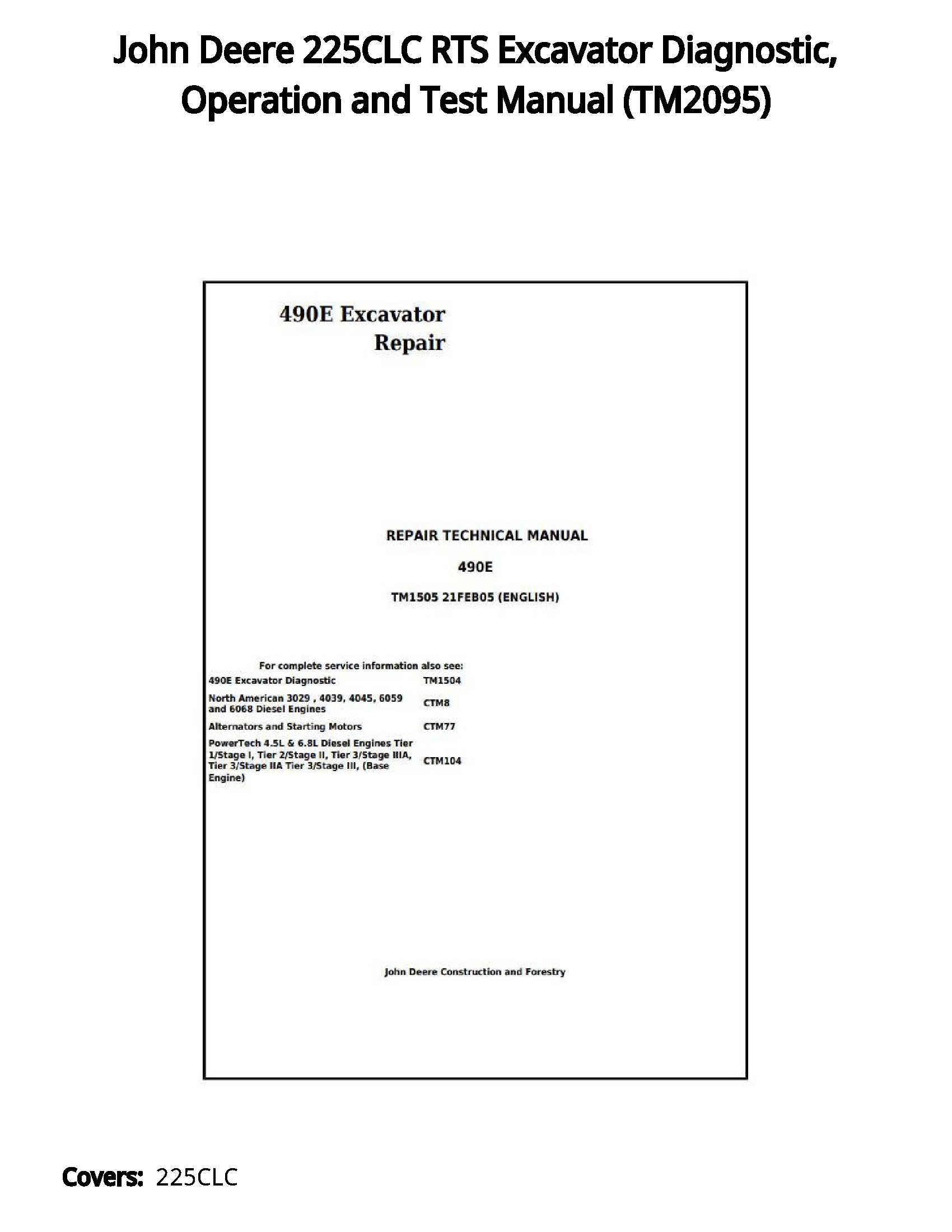John Deere 225CLC RTS Excavator Diagnostic  Operation and Test Manual - TM2095