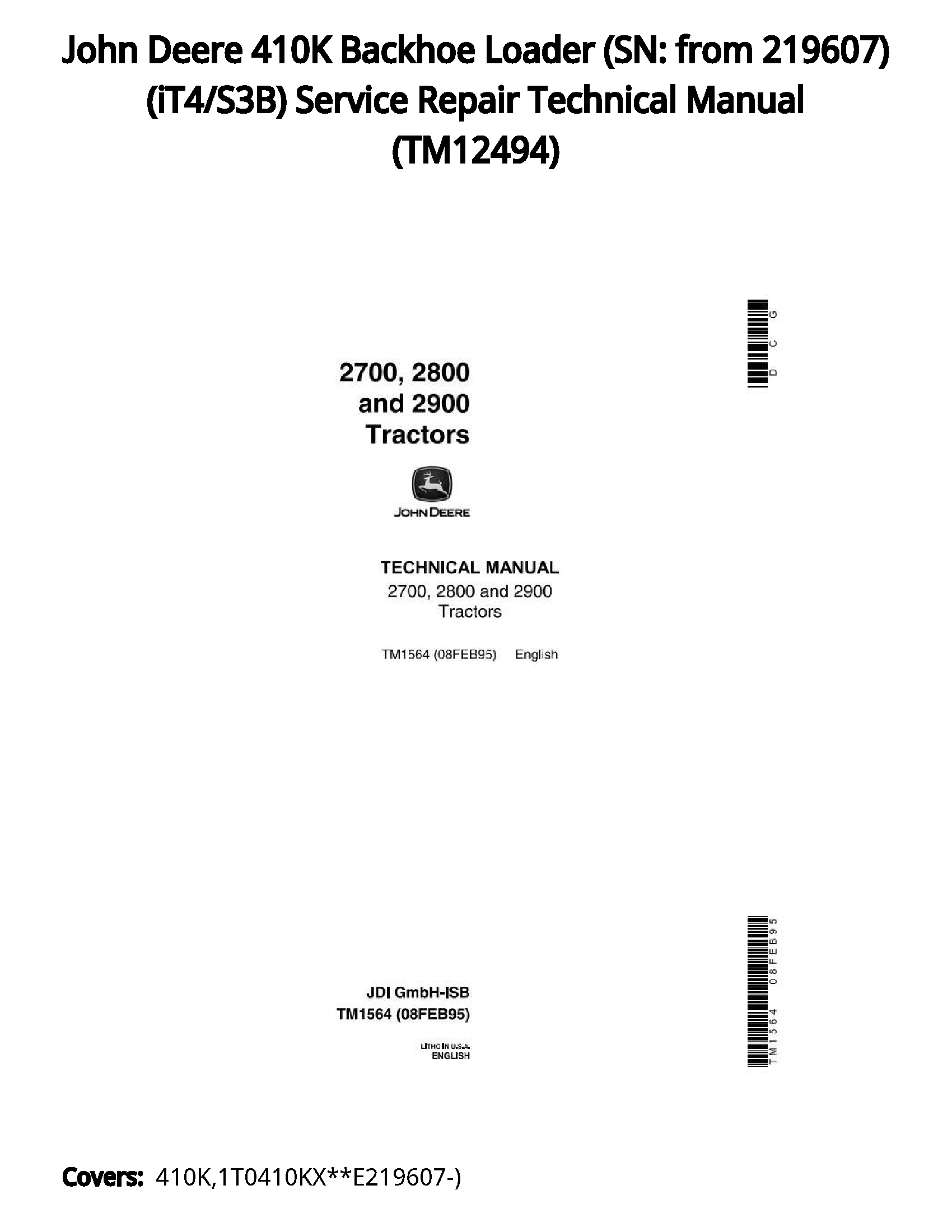 John Deere 410K Backhoe Loader (SN: from 219607) (iT4/S3B) Service Repair Technical Manual - TM12494