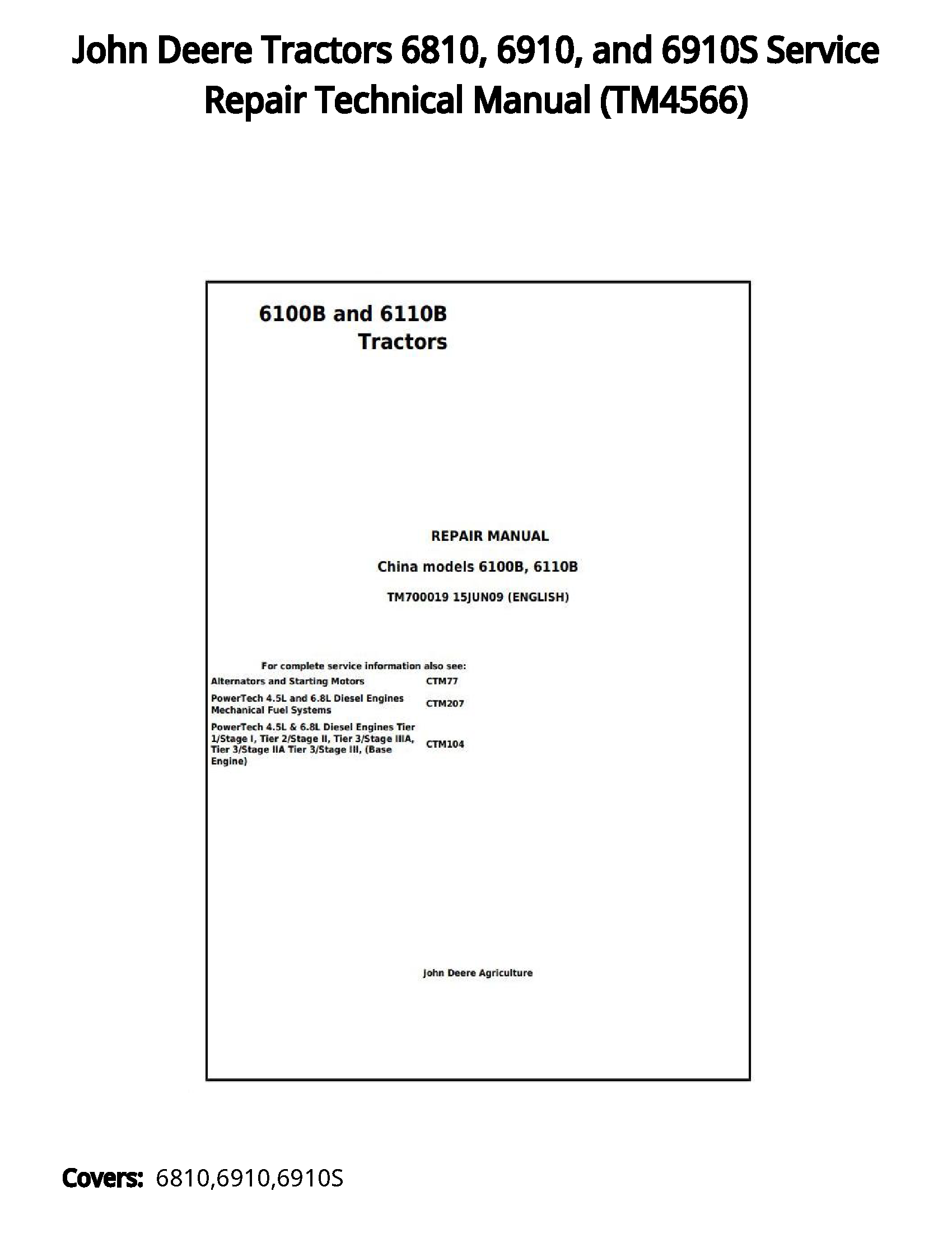 John Deere Tractors 6810  6910  and 6910S Service Repair Technical Manual - TM4566