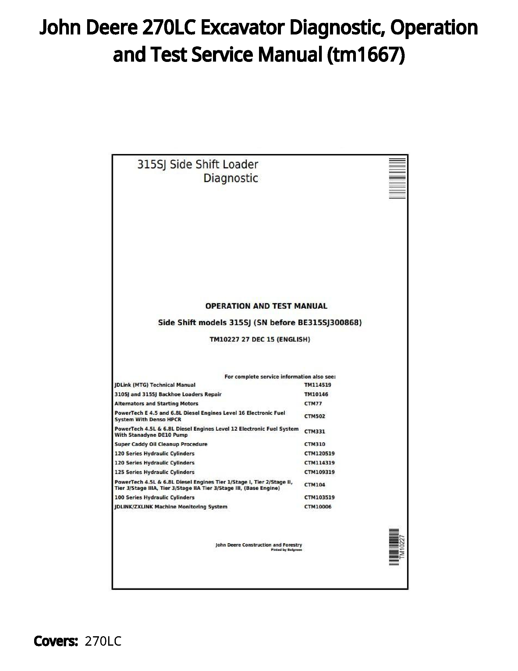 John Deere 270LC Excavator Diagnostic  Operation and Test Service Manual - tm1667