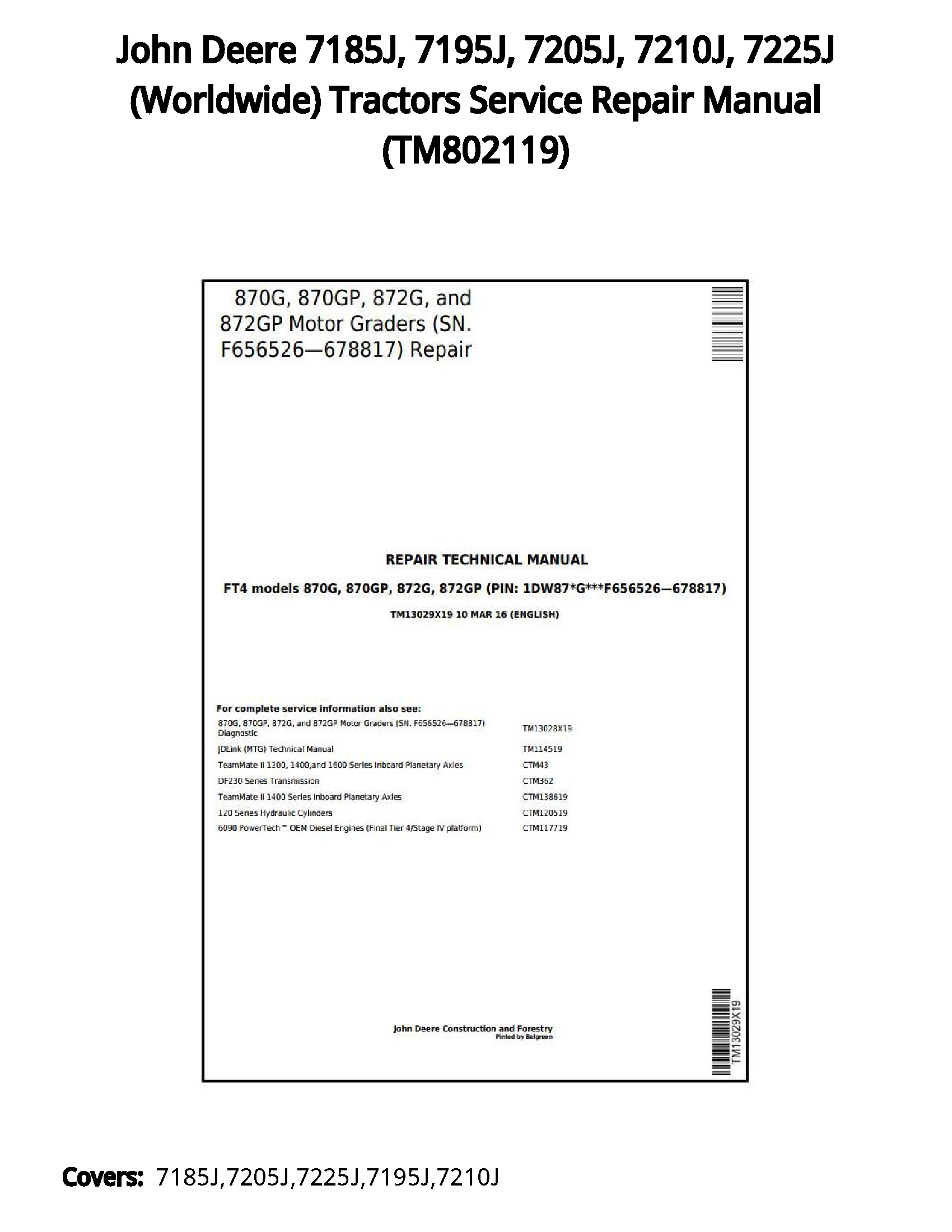 John Deere 7185J  7195J  7205J  7210J  7225J (Worldwide) Tractors Service Repair Manual - TM802119