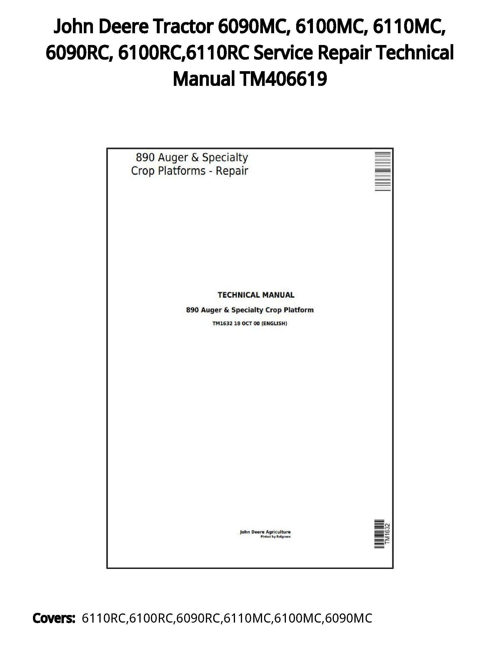 John Deere Tractor 6090MC  6100MC  6110MC  6090RC  6100RC 6110RC Service Repair Technical Manual TM406619