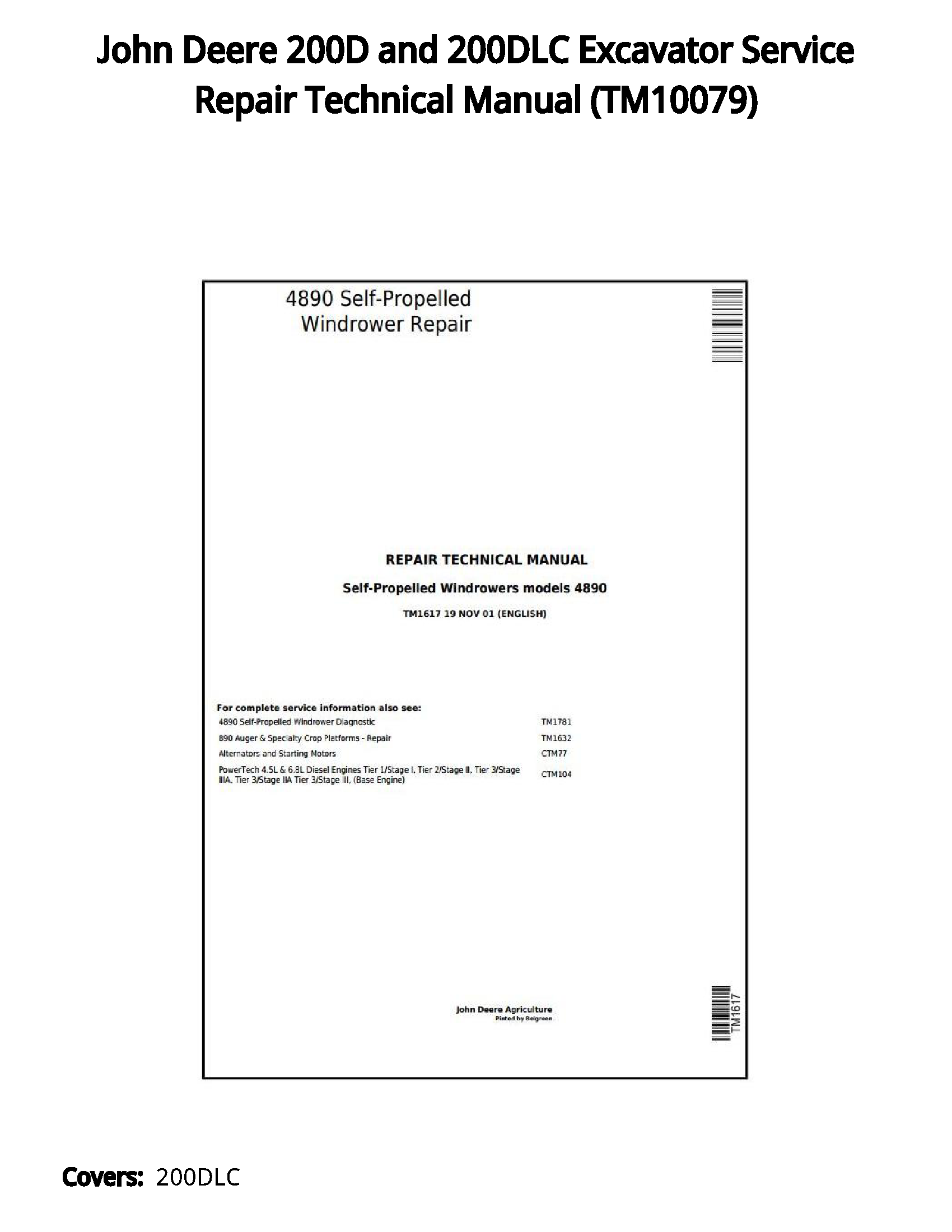 John Deere 200D and 200DLC Excavator Service Repair Technical Manual - TM10079