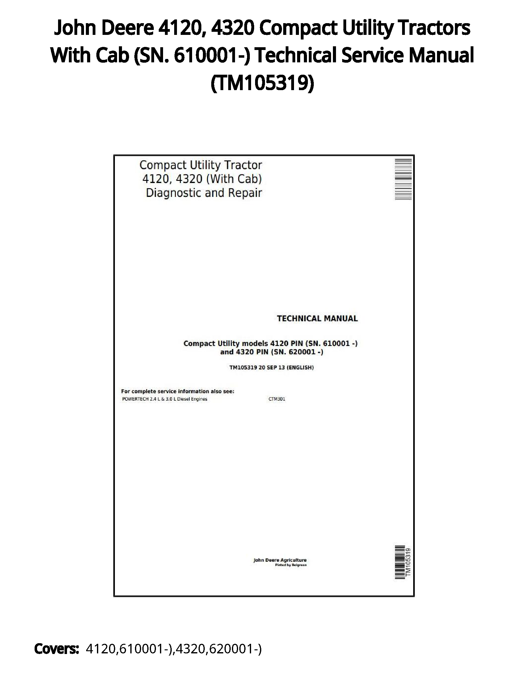 John Deere 4120  4320 Compact Utility Tractors With Cab (SN. 610001-) Technical Service Manual - TM105319