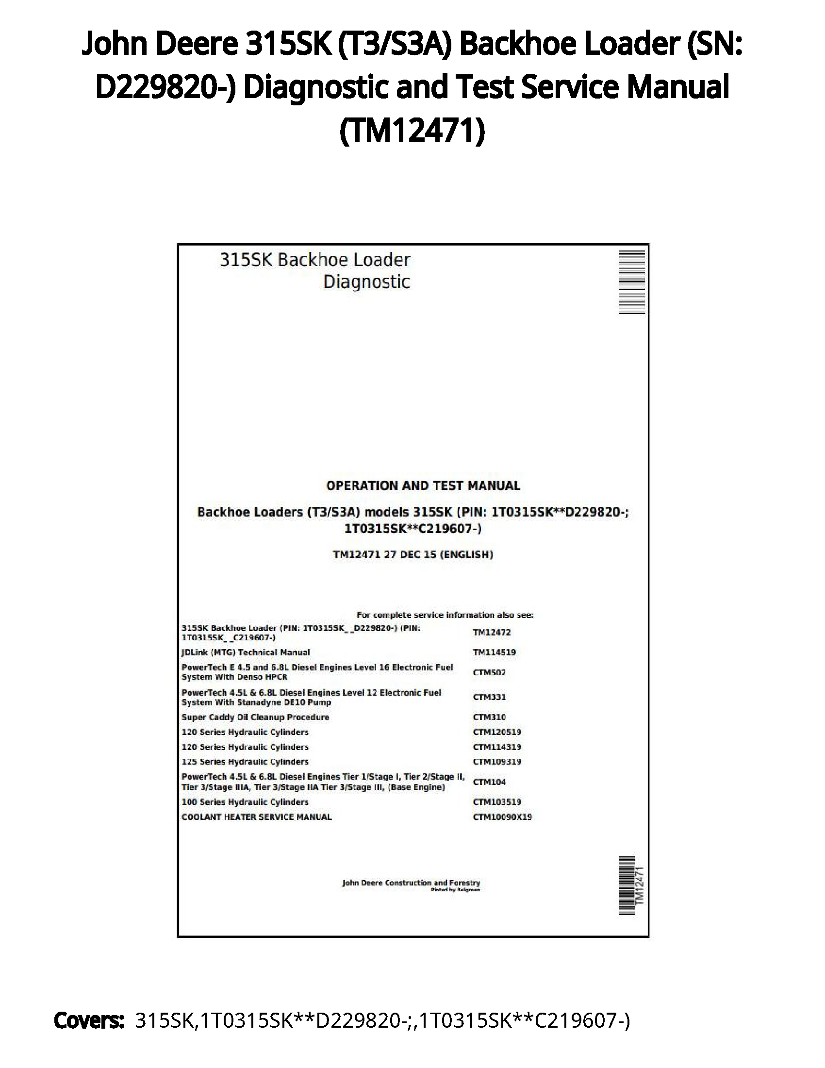 John Deere 315SK (T3/S3A) Backhoe Loader (SN: D229820-) Diagnostic and Test Service Manual - TM12471