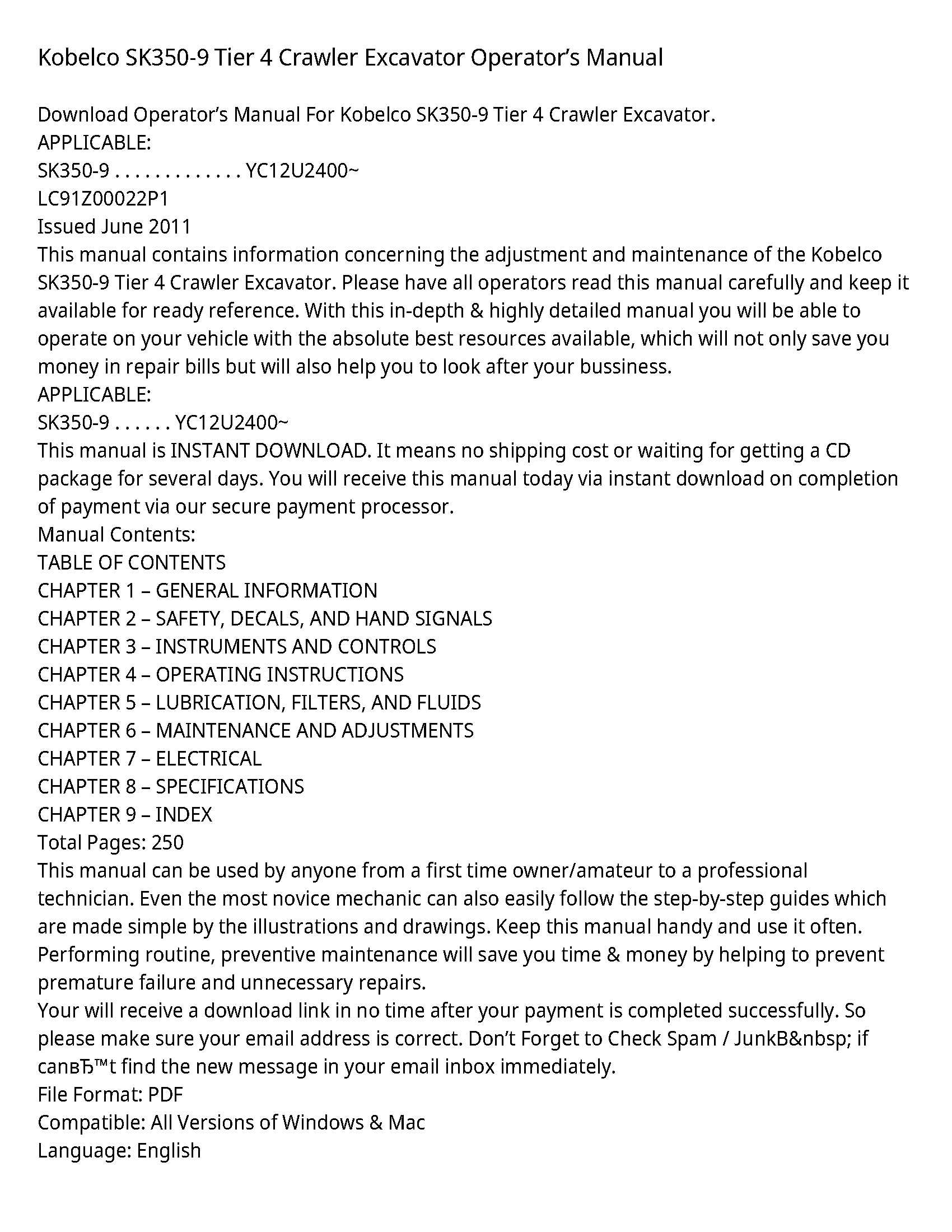 Kobelco SK350-9 Tier 4 Crawler Excavator OperatorвЂ™s Manual