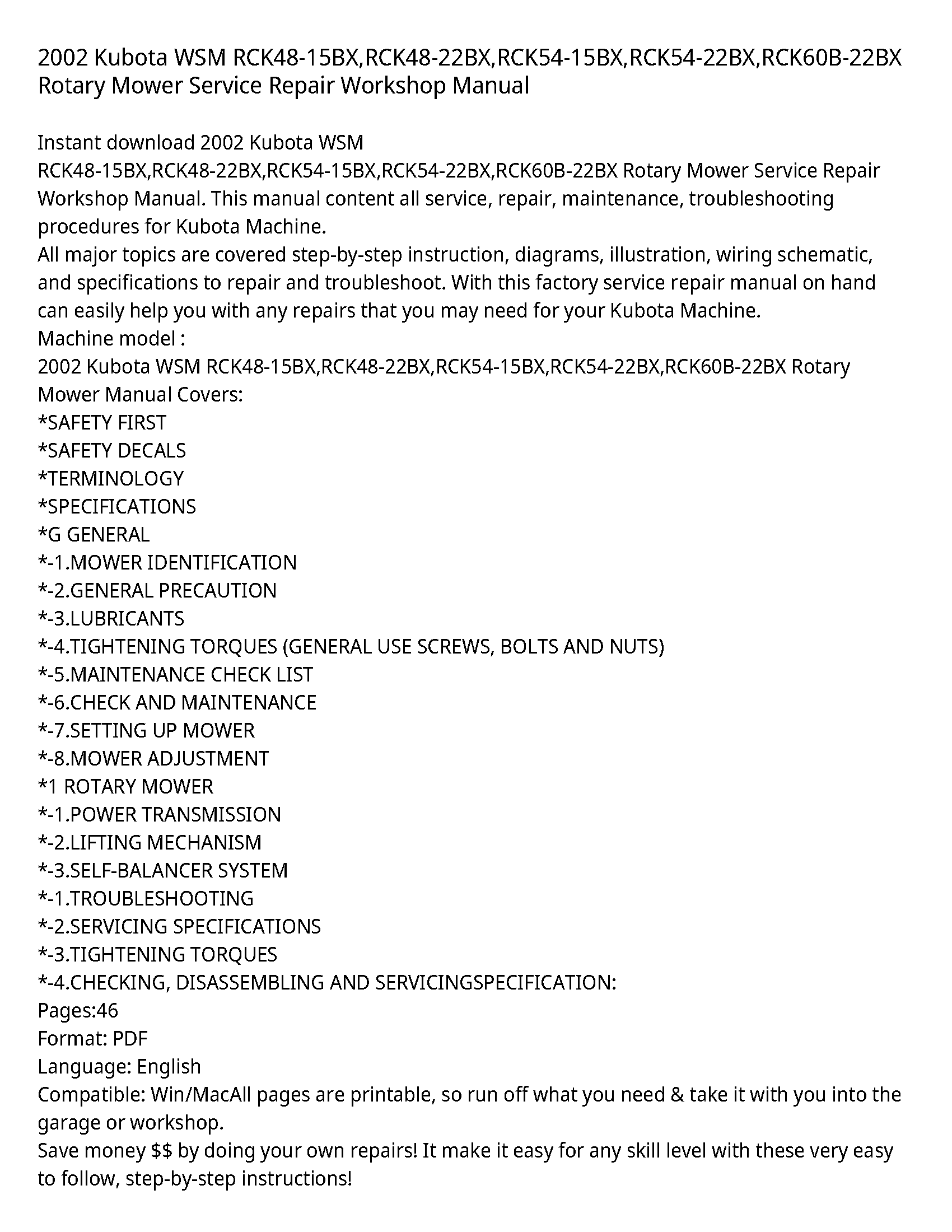 2002 Kubota WSM RCK48-15BX RCK48-22BX RCK54-15BX RCK54-22BX RCK60B-22BX Rotary Mower Service Repair Workshop Manual