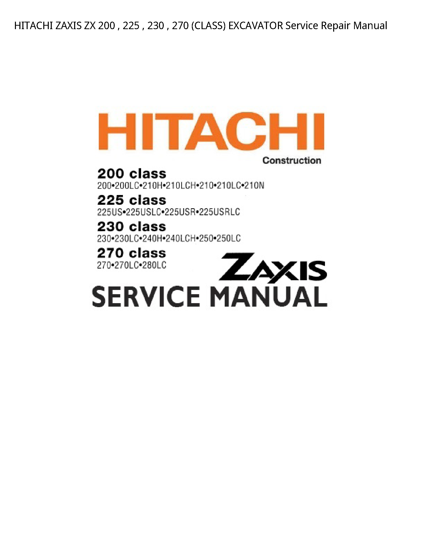 Hitachi 200 ZAXIS ZX (CLASS) EXCAVATOR manual