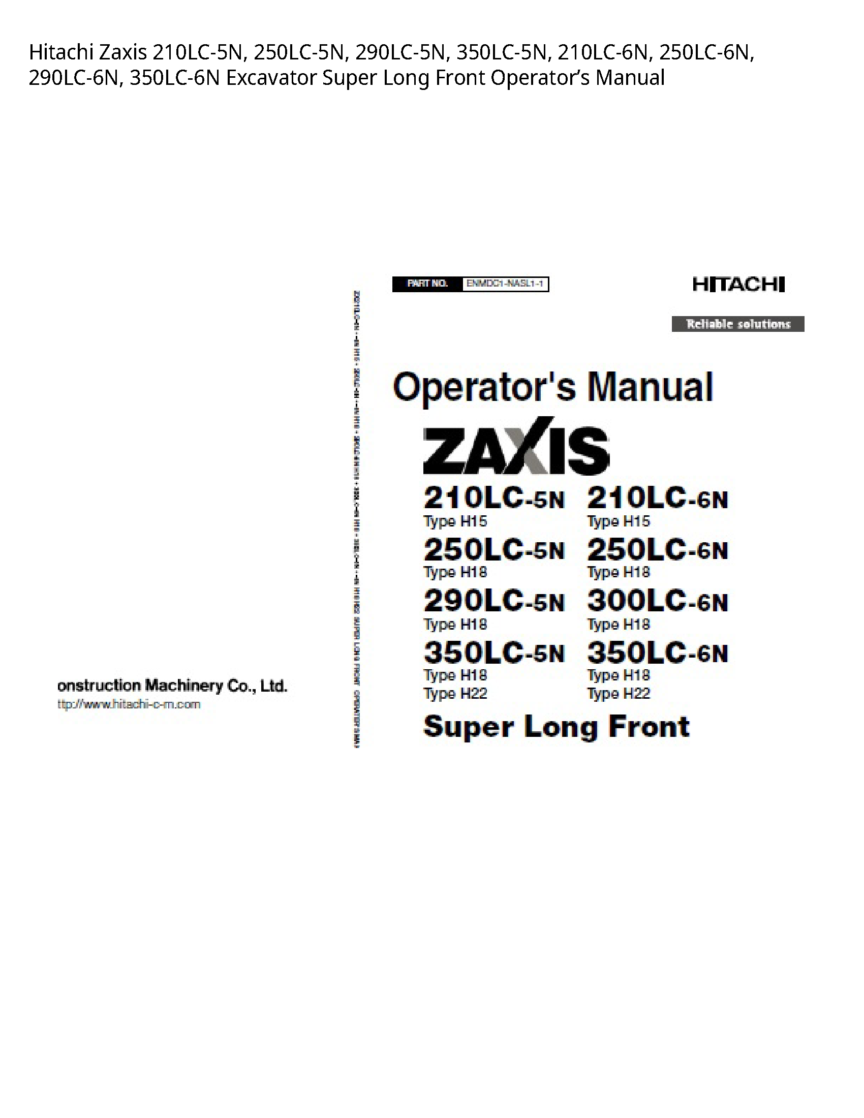 Hitachi 210LC-5N Zaxis Excavator Super Long Front Operator’s manual