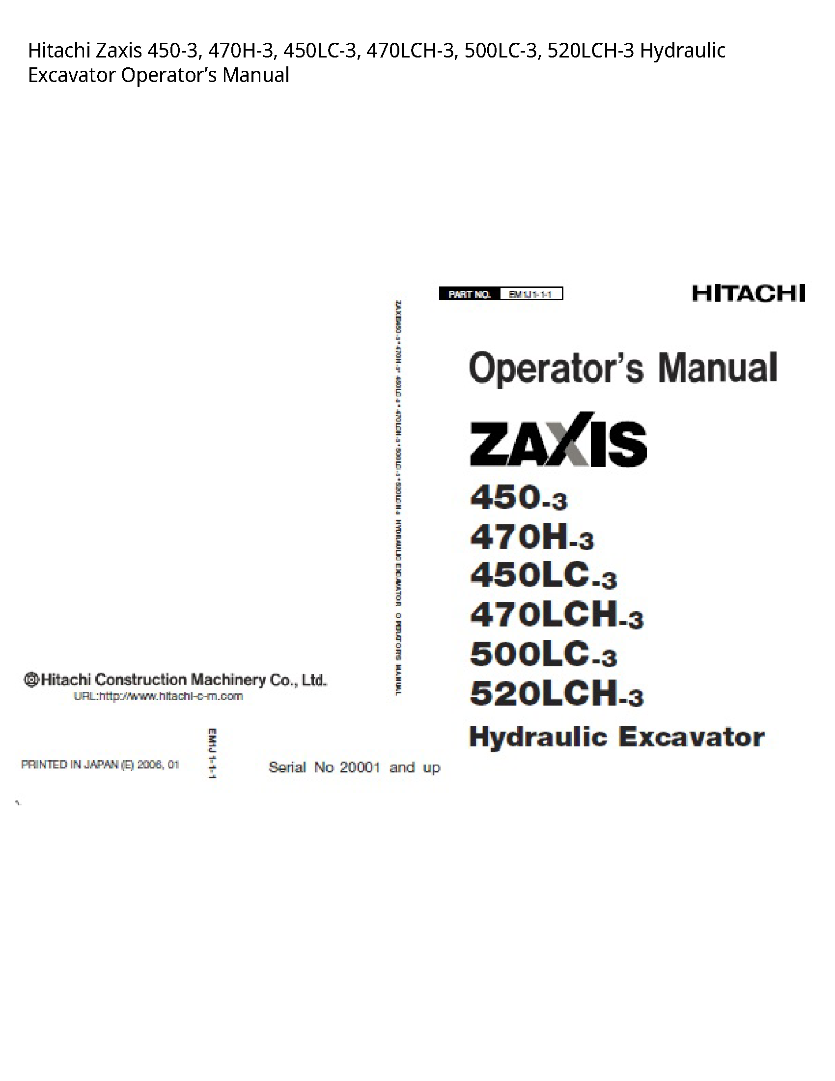 Hitachi 450-3 Zaxis Hydraulic Excavator Operator’s manual