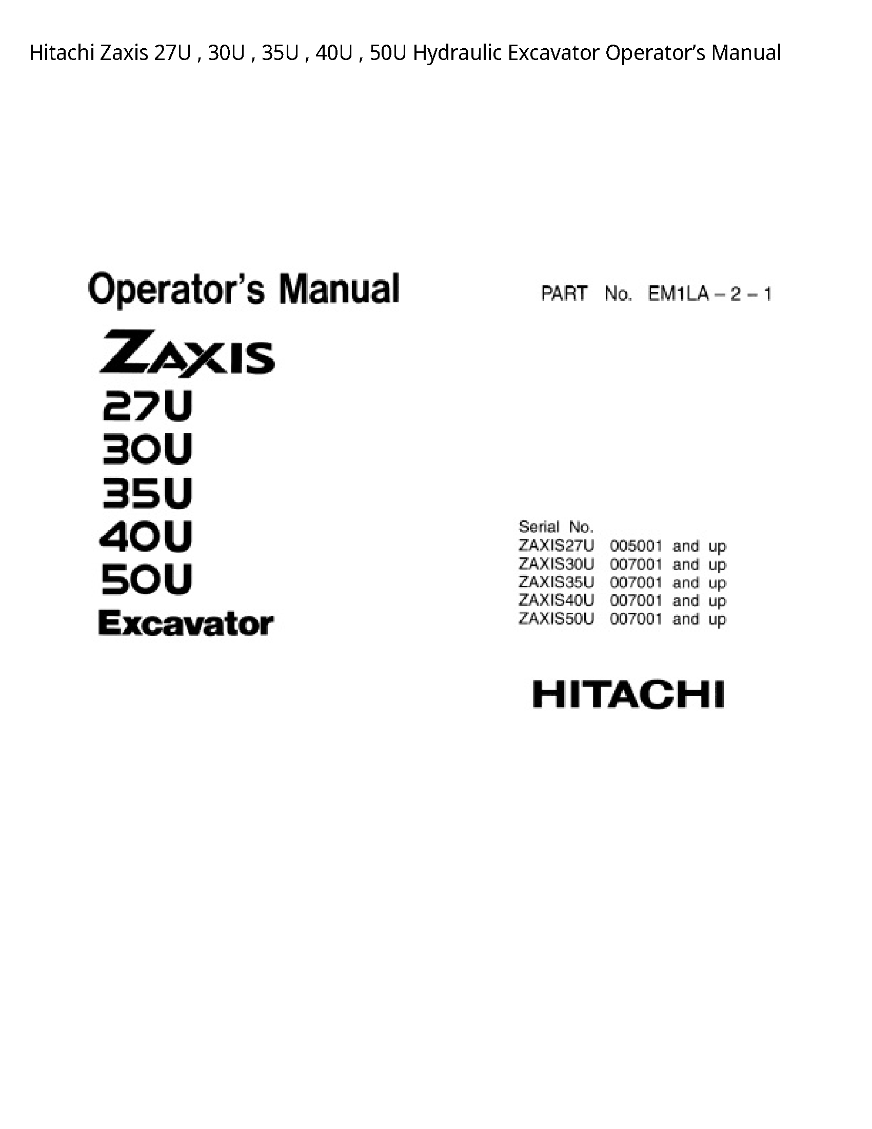 Hitachi 27U Zaxis Hydraulic Excavator Operator’s manual