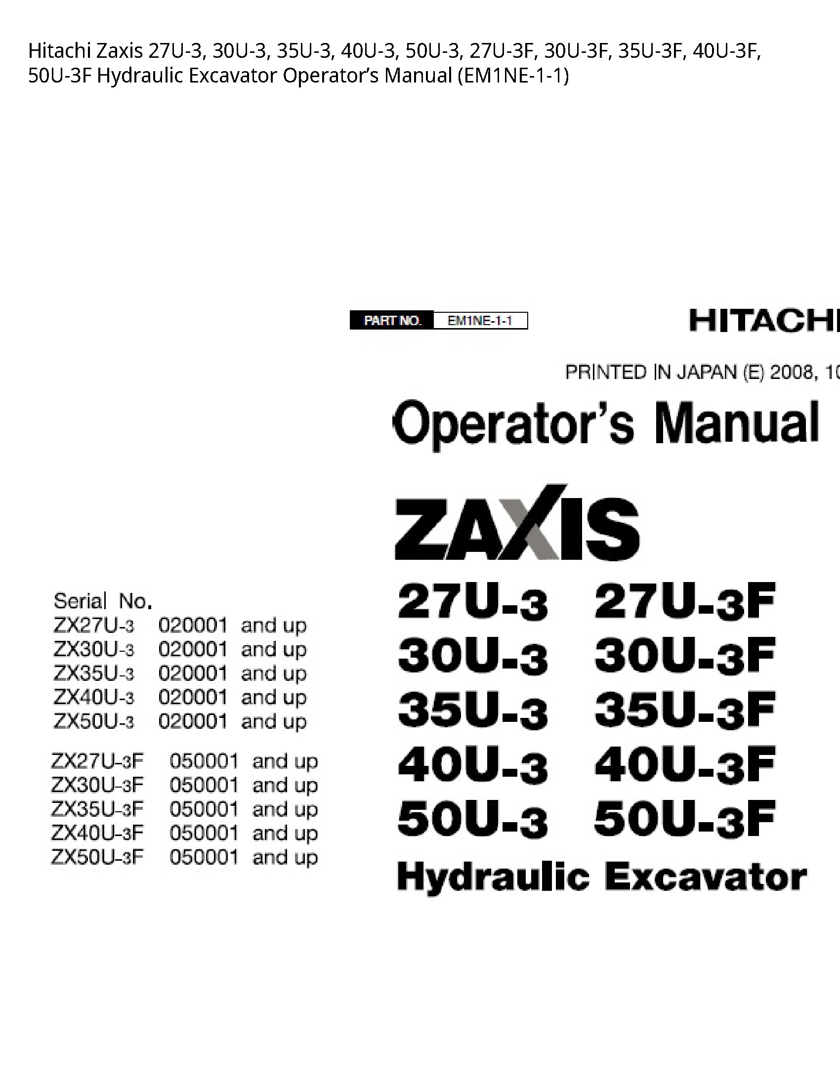 Hitachi 27U-3 Zaxis Hydraulic Excavator Operator’s manual