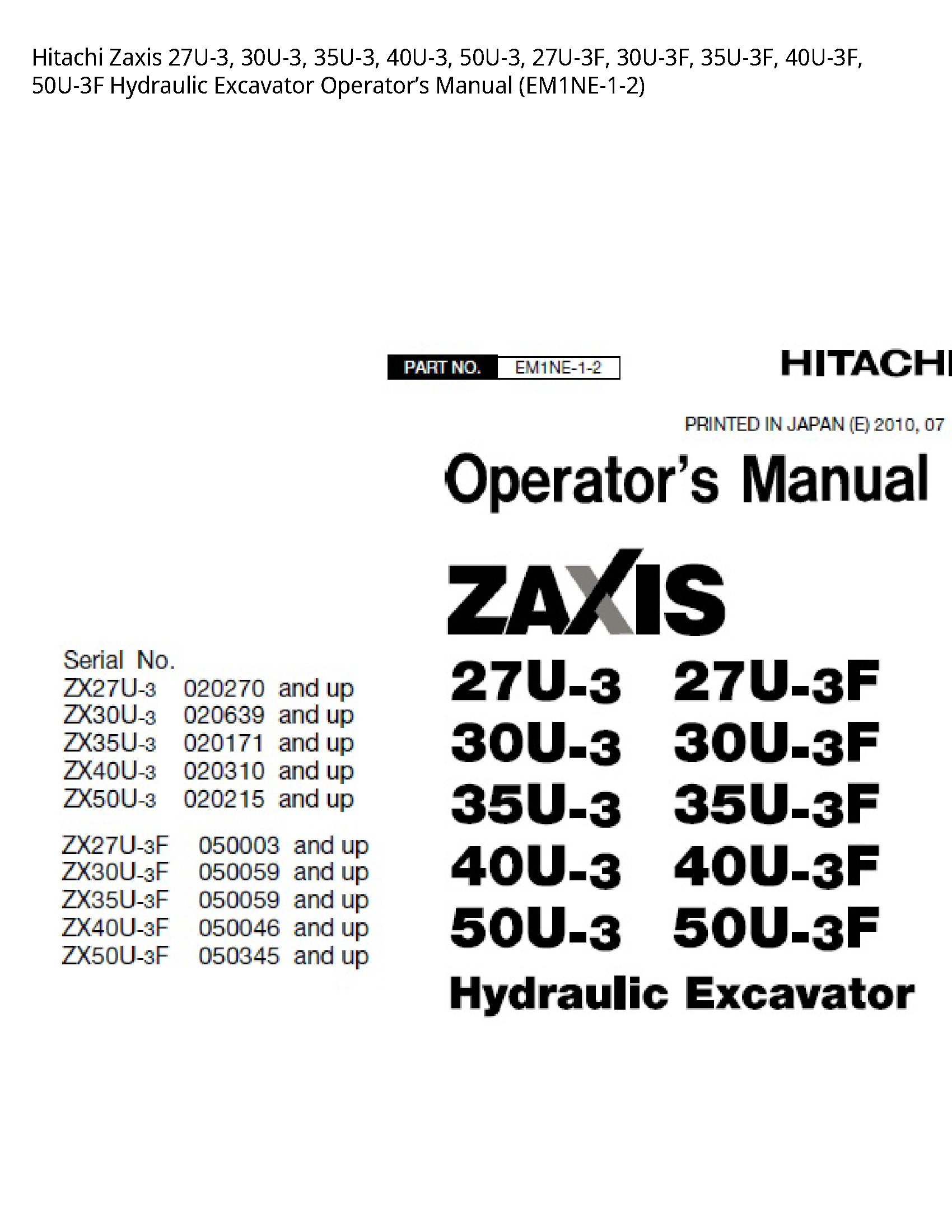 Hitachi 27U-3 Zaxis Hydraulic Excavator Operator’s manual