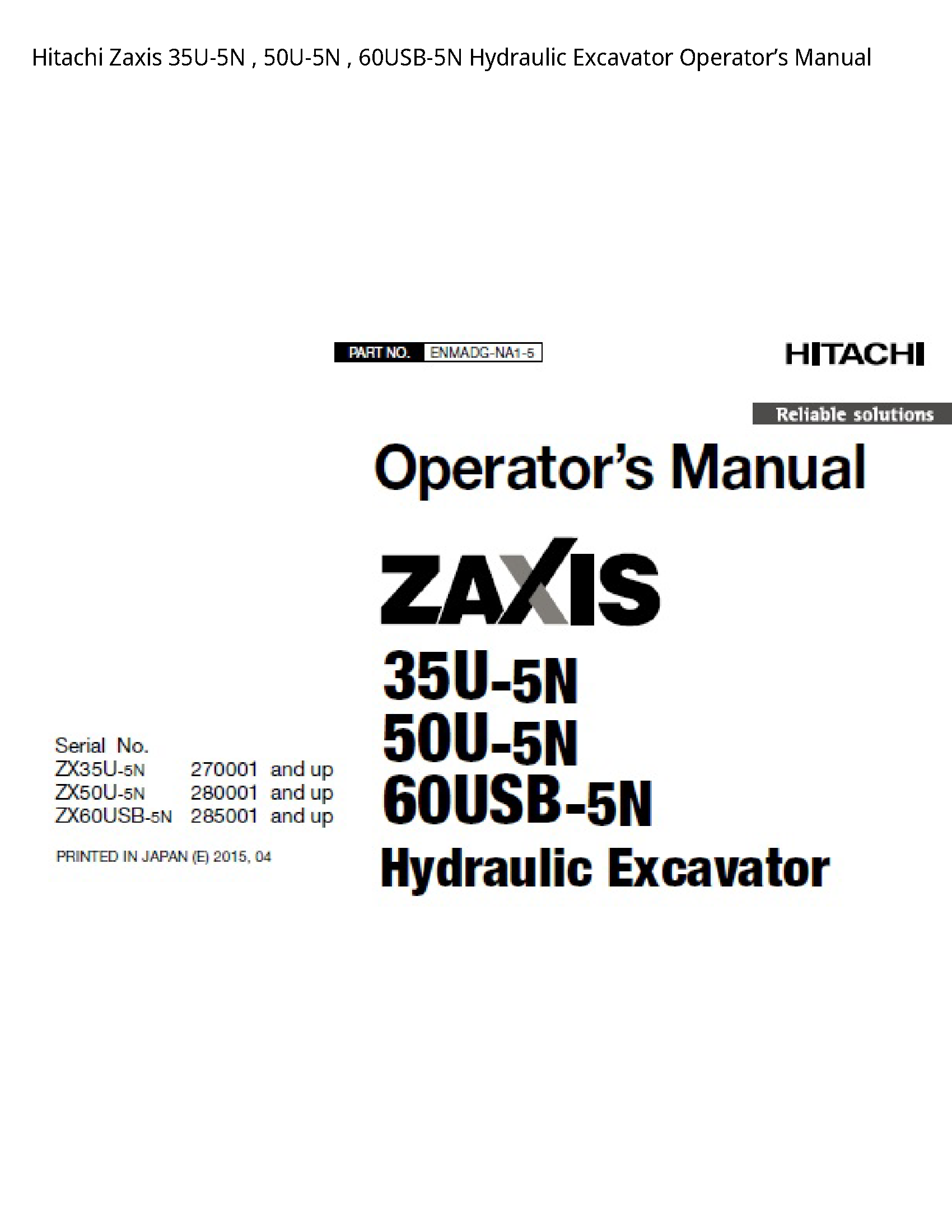 Hitachi 35U-5N Zaxis Hydraulic Excavator Operator’s manual