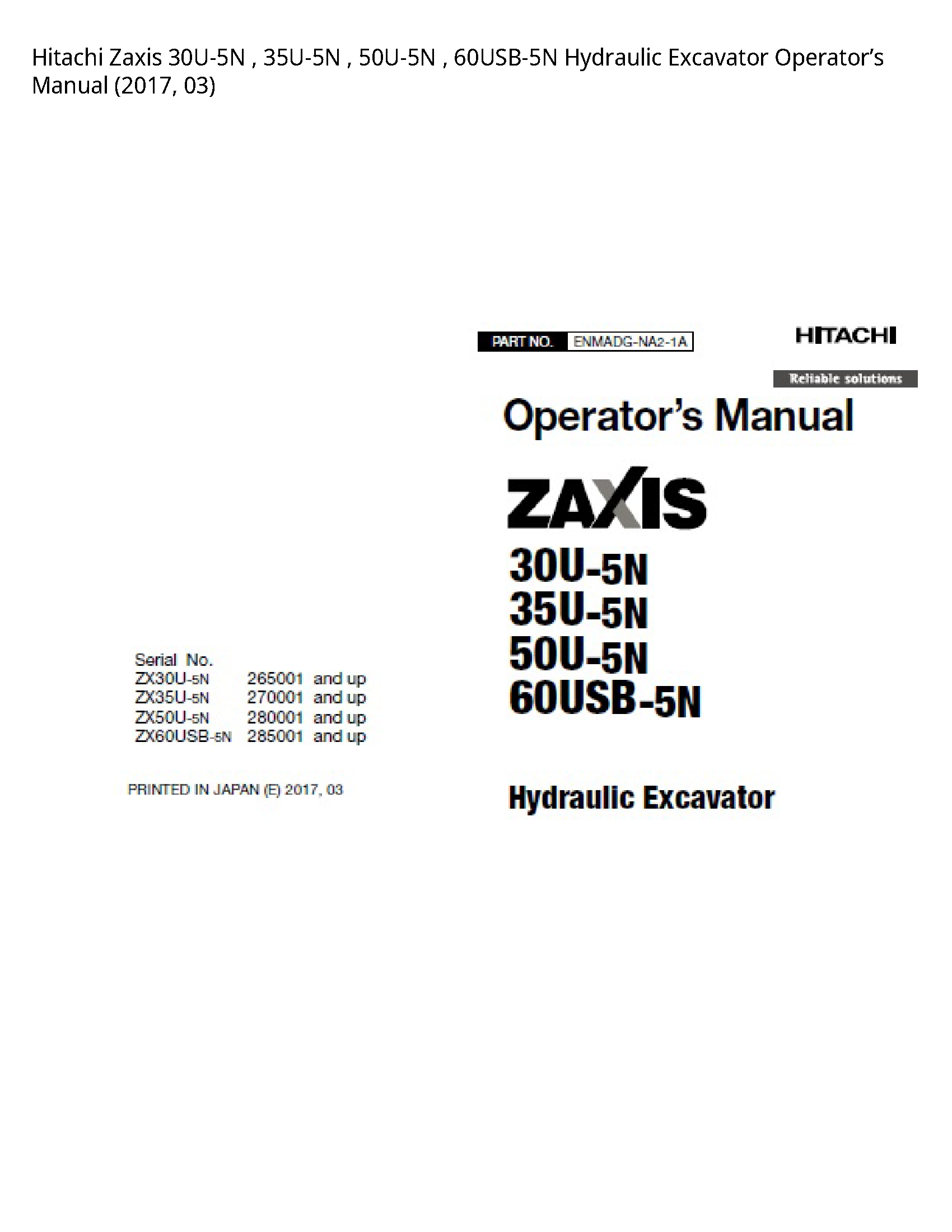 Hitachi 30U-5N Zaxis Hydraulic Excavator Operator’s manual