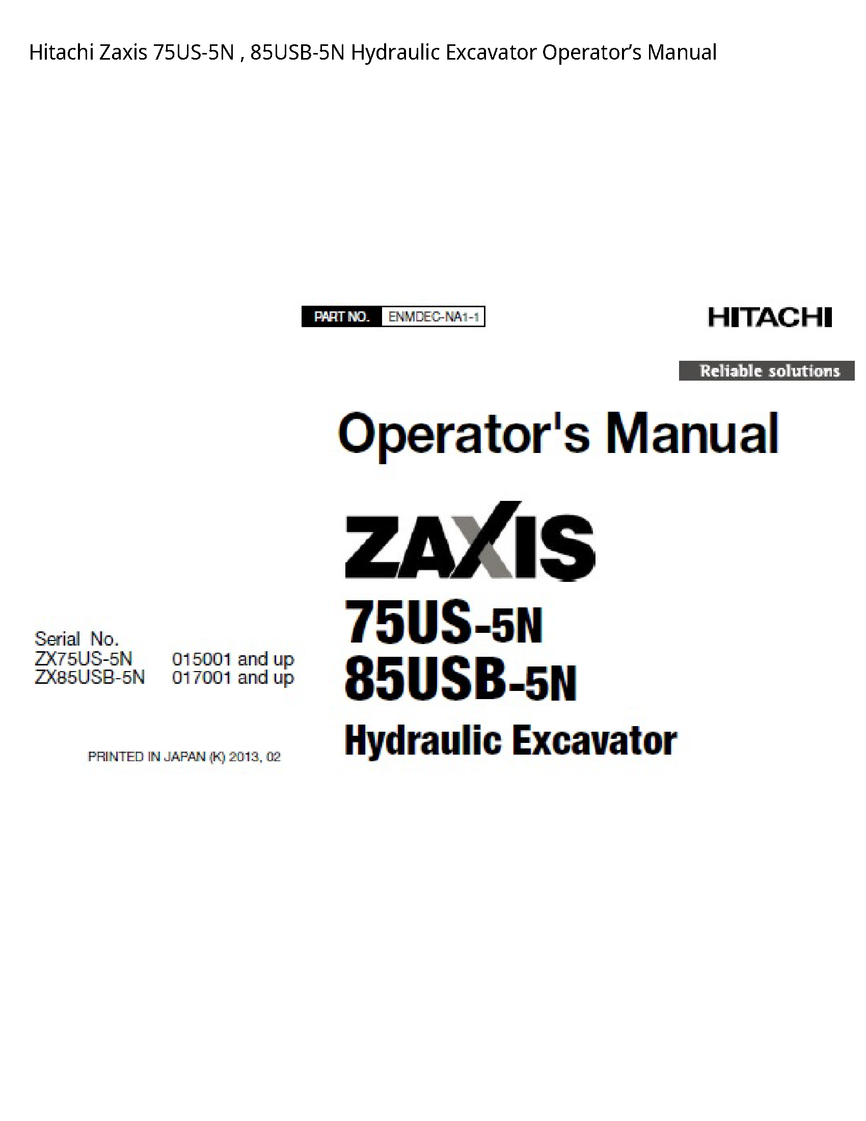 Hitachi 75US-5N Zaxis Hydraulic Excavator Operator’s manual