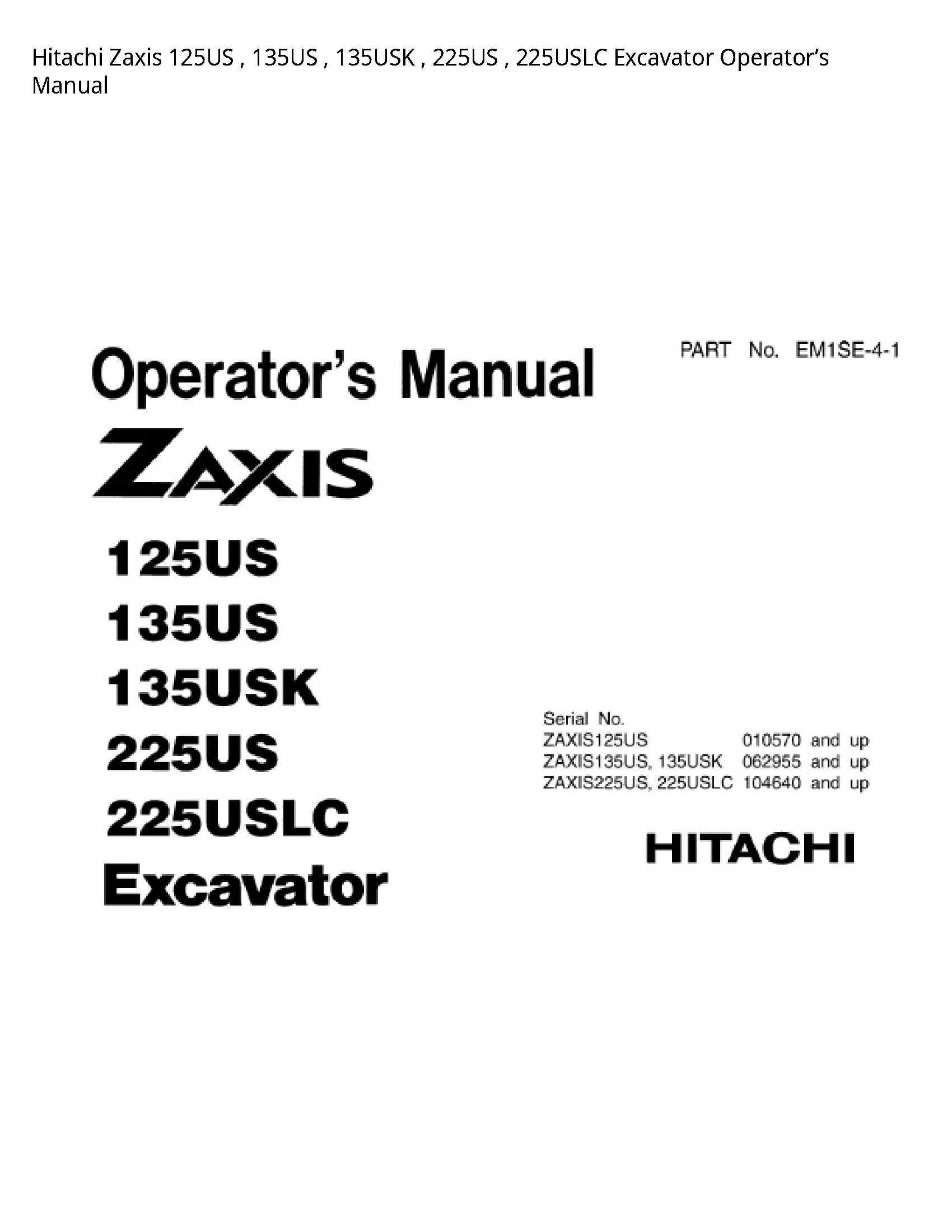 Hitachi 125US Zaxis Excavator Operator’s manual